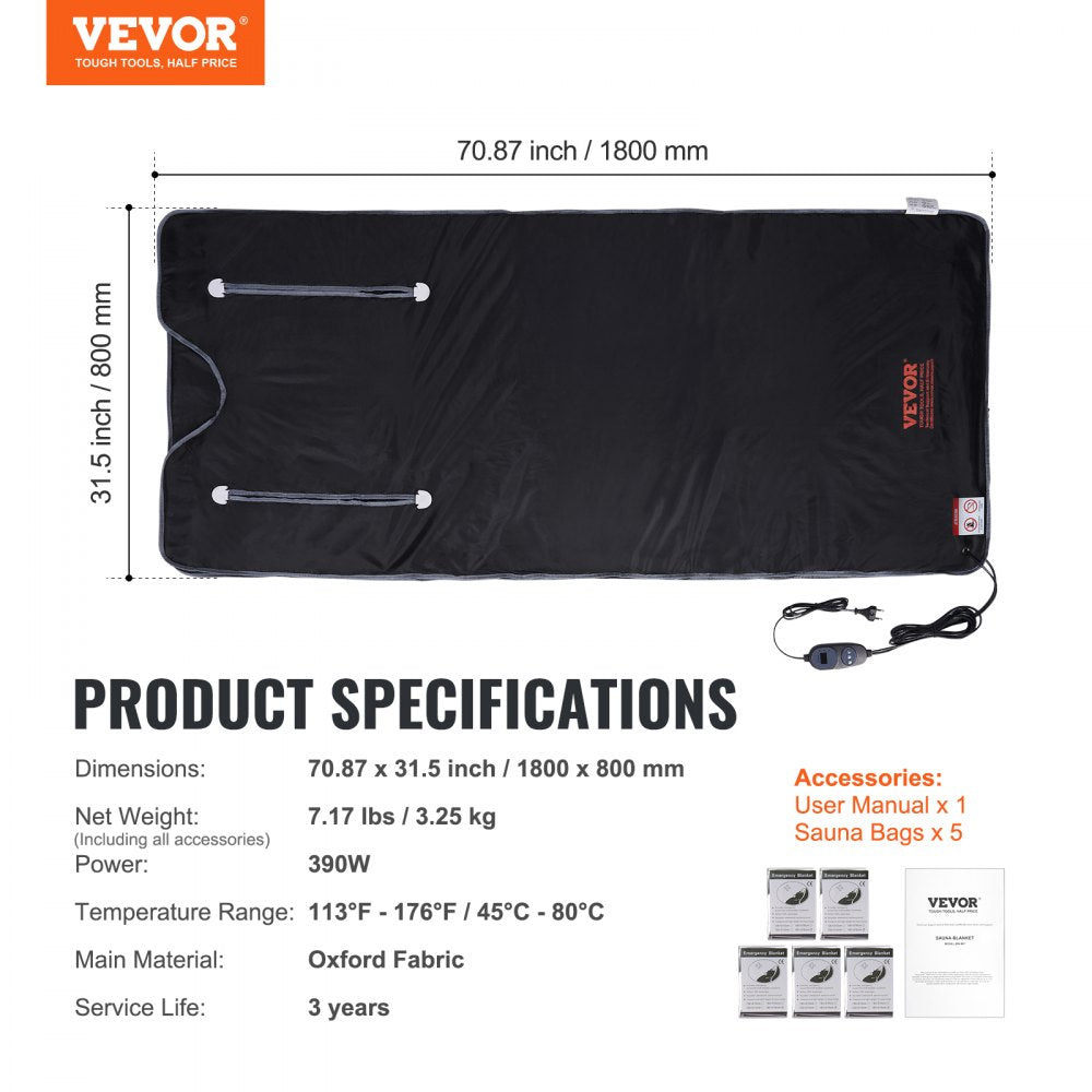 VEVOR Sauna Blanket for Detoxification, Portable Far Infrared Sauna for Home, Oxford Sauna Bag w/ Arm Holes & Carbon Fiber Heating, 1-6 Level Adjustable Temp 95-176?, 5-60 Minutes Timer, 71 x 31 in 