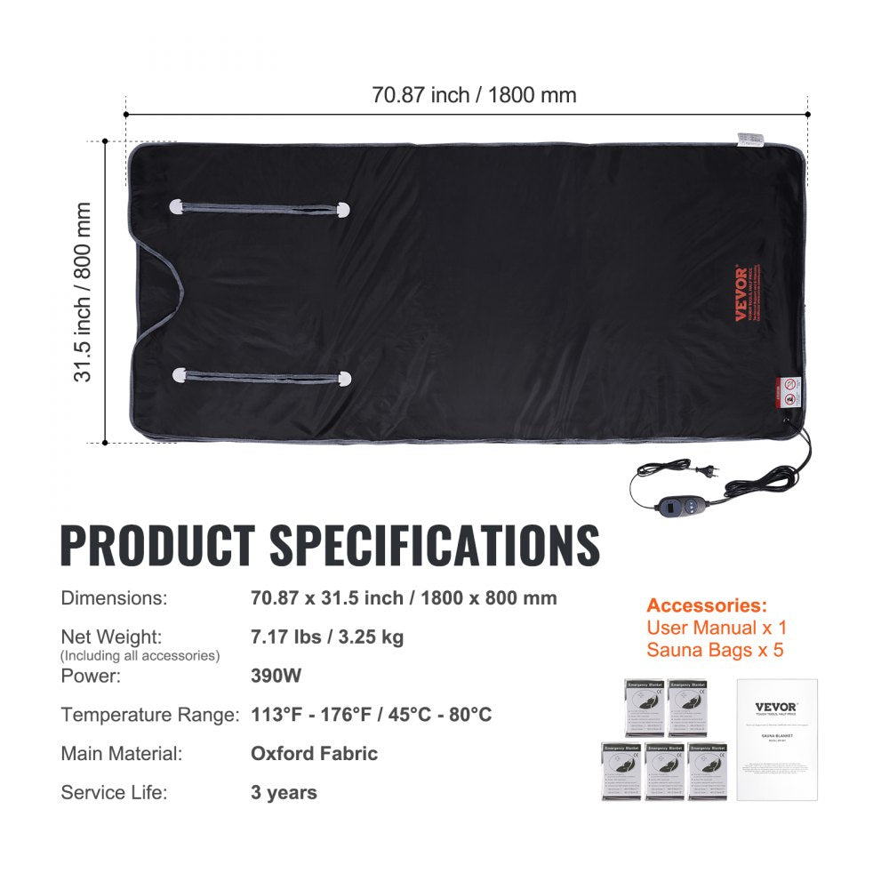 VEVOR Sauna Blanket for Detoxification, Portable Far Infrared Sauna for Home, Oxford Sauna Bag w/ Arm Holes & Carbon Fiber Heating, 1-6 Level Adjustable Temp 95-176?, 5-60 Minutes Timer, 71 x 31 in 
