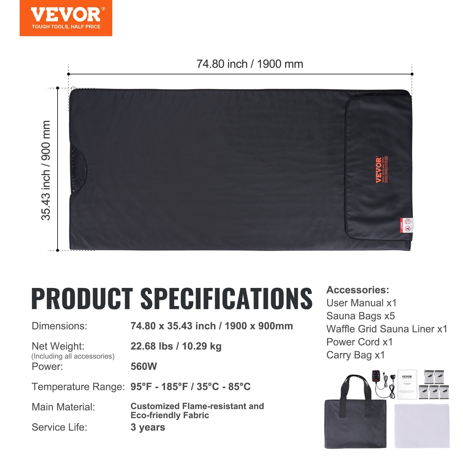 VEVOR Sauna Blanket for Detoxification, Portable Far Infrared Sauna for Home, PU Sauna Bag w/  Therapy Stones & Carbon Fiber Heating, 1-6 Level Adjustable Temp 95-185?, 1-60 Minutes Timer, 75 x 35in 