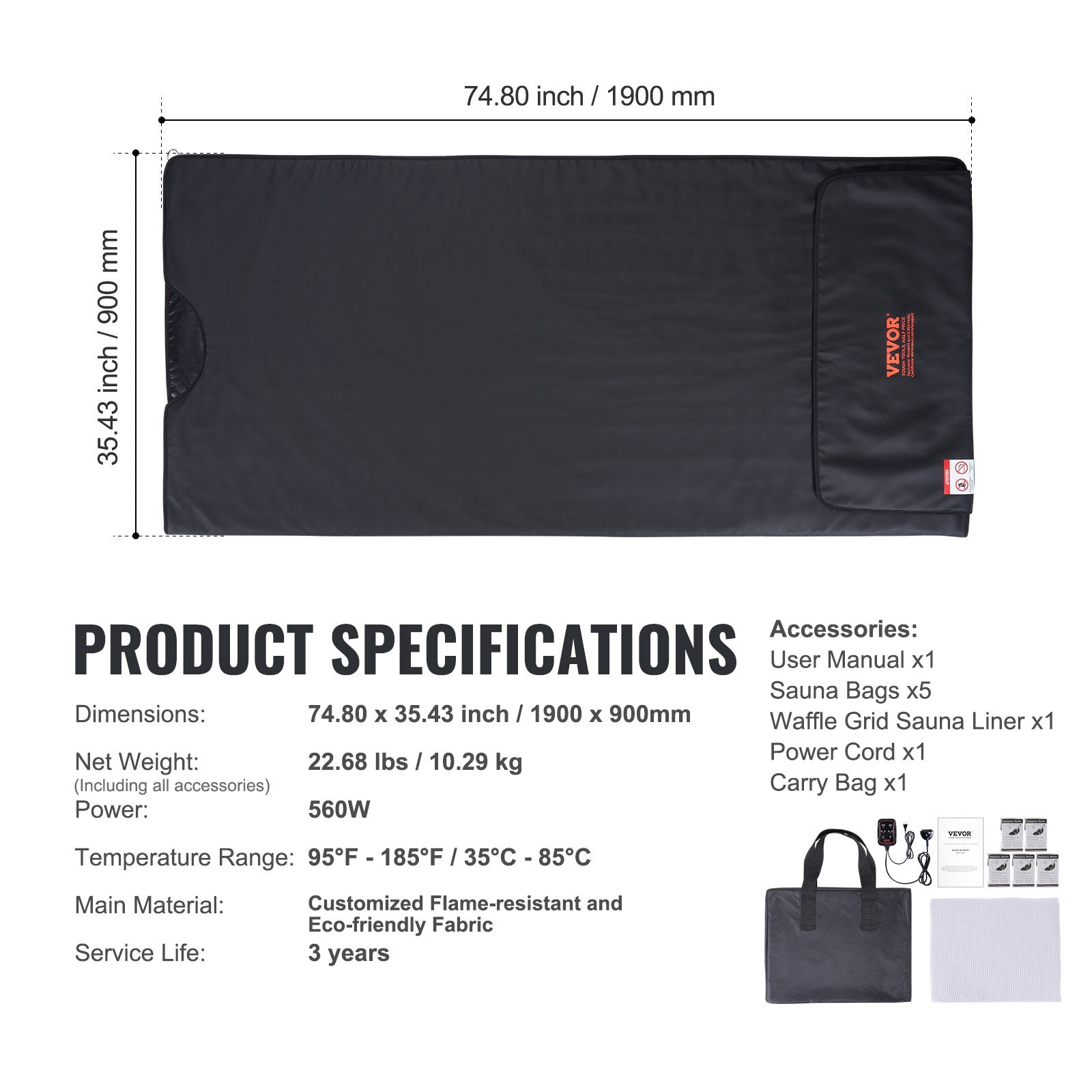 VEVOR Sauna Blanket for Detoxification, Portable Far Infrared Sauna for Home, PU Sauna Bag w/  Therapy Stones & Carbon Fiber Heating, 1-6 Level Adjustable Temp 95-185?, 1-60 Minutes Timer, 75 x 35in 