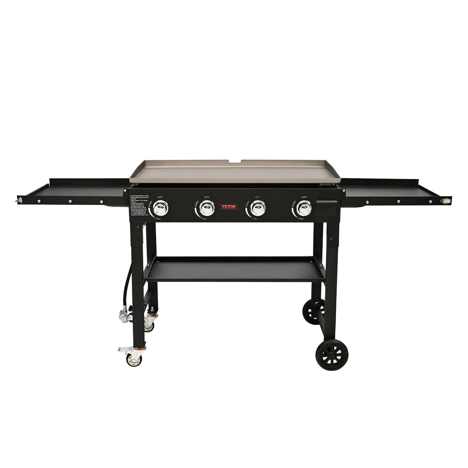 VEVOR Commercial Griddle on Cart, 36" Heavy Duty Manual Flat Top Griddle, Outdoor Cooking Station with Side Shelves, Steel Natural Gas Griddle, 4-Burners Restaurant Portable Tested to UL Standards