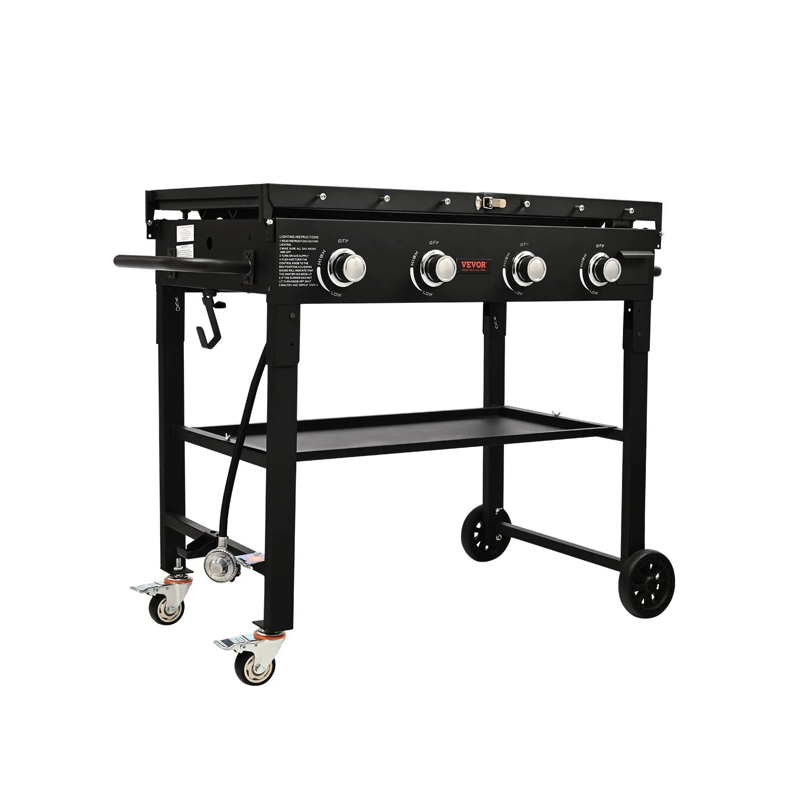 VEVOR Commercial Griddle on Cart, 36" Heavy Duty Manual Flat Top Griddle, Outdoor Cooking Station with Side Shelves, Steel Natural Gas Griddle, 4-Burners Restaurant Portable Tested to UL Standards