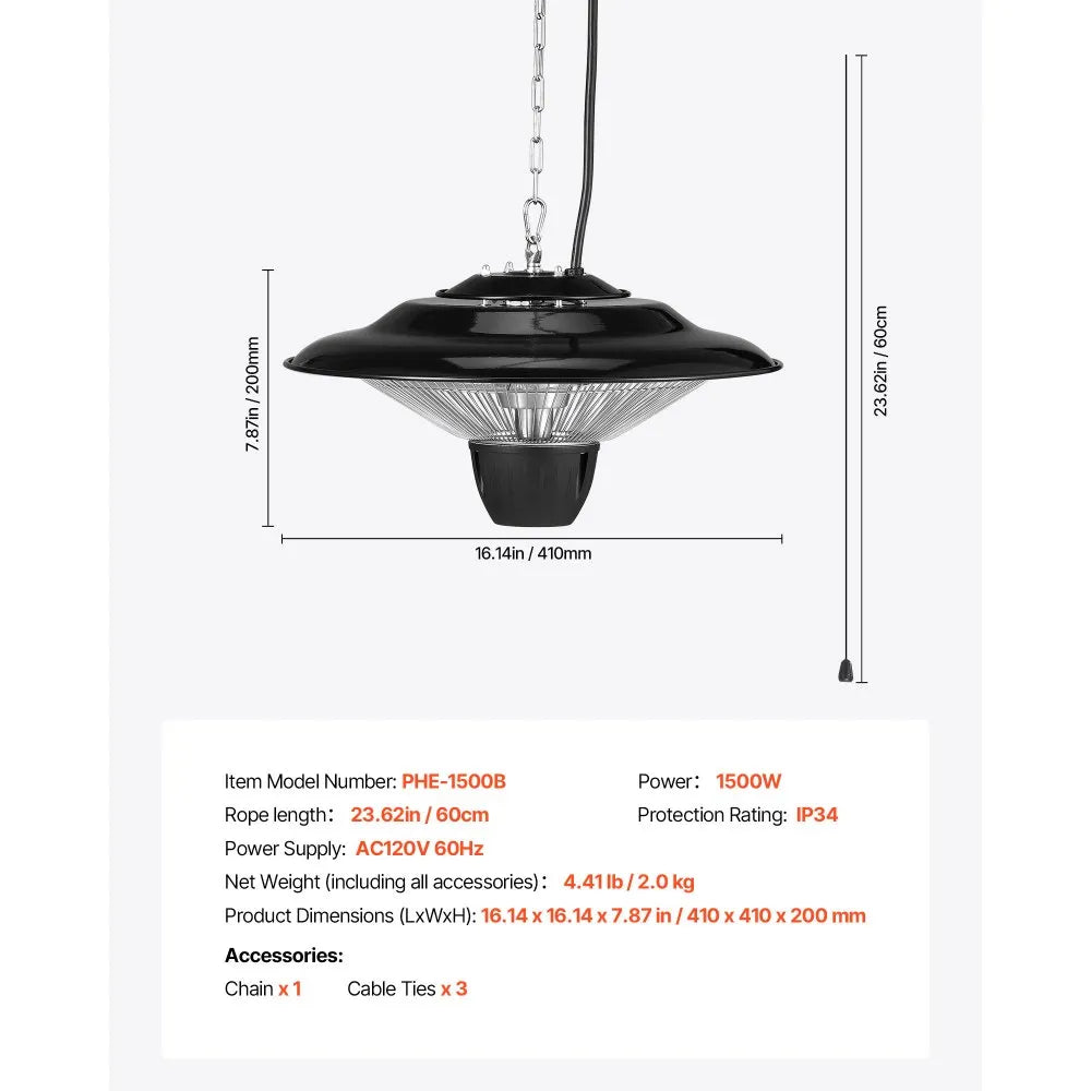 1500W Hanging Patio Heater, Electric Infrared Heater with IP34 Protection