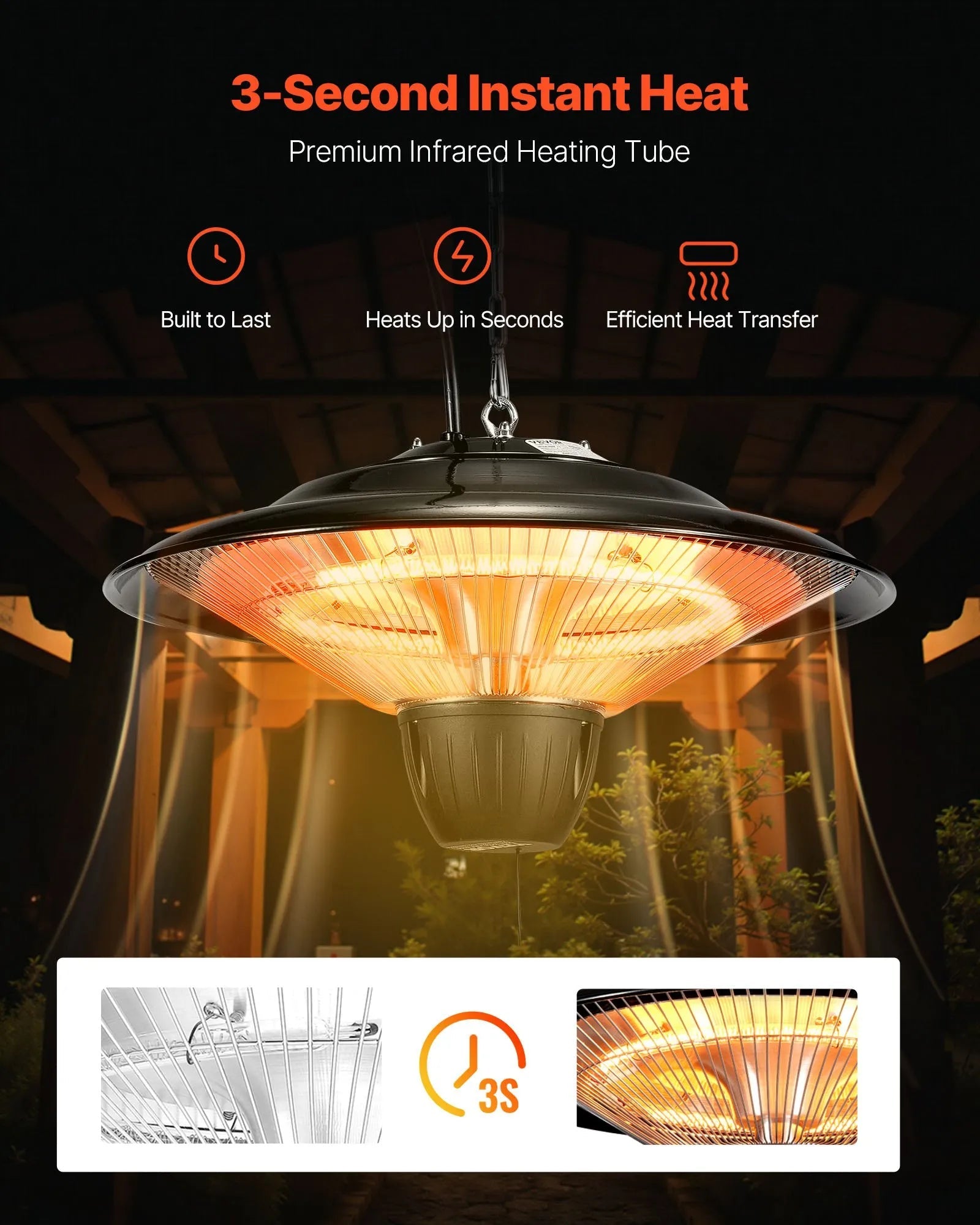 VEVOR Hanging Patio Heater, 1500W Electric Space Infrared Heater, IP34 Protection with 23.6 inch Pull Cord & Adjustable Chain, for Porch,Patio,Dining Room,Studio Outdoor/Indoor 