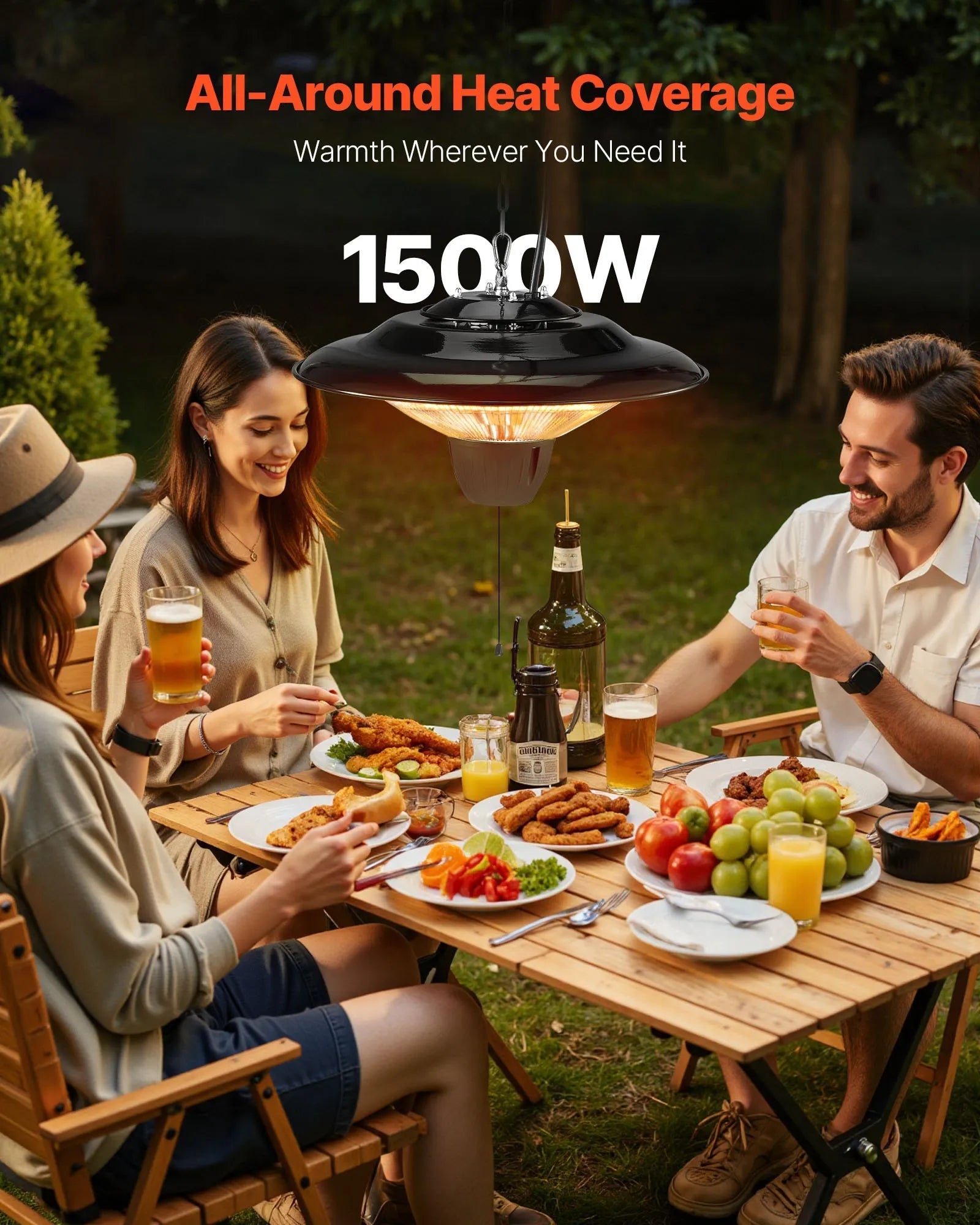 VEVOR Hanging Patio Heater, 1500W Electric Space Infrared Heater, IP34 Protection with 23.6 inch Pull Cord & Adjustable Chain, for Porch,Patio,Dining Room,Studio Outdoor/Indoor 