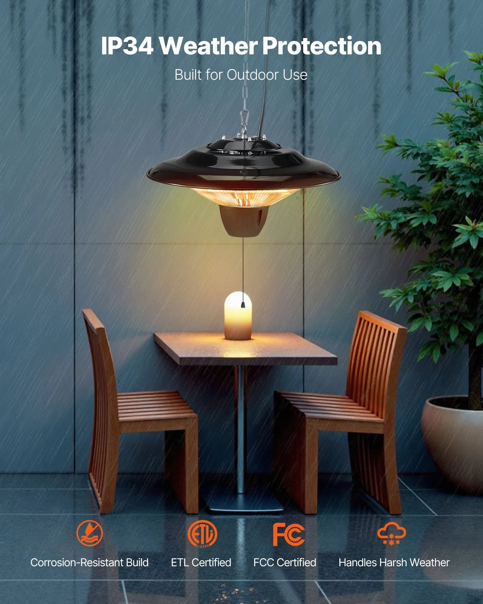 VEVOR Hanging Patio Heater, 1500W Electric Space Infrared Heater, IP34 Protection with 23.6 inch Pull Cord & Adjustable Chain, for Porch,Patio,Dining Room,Studio Outdoor/Indoor 