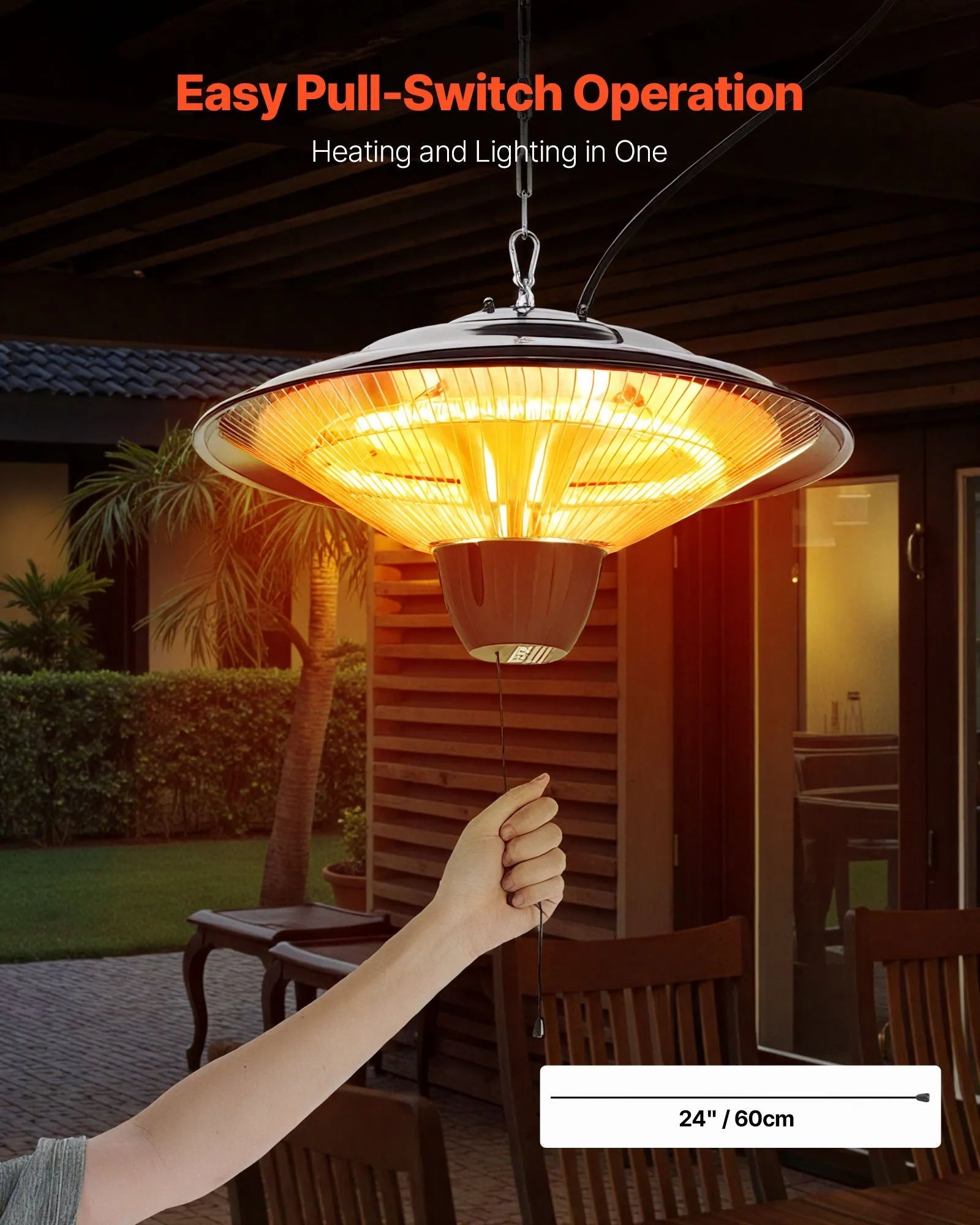 VEVOR Hanging Patio Heater, 1500W Electric Space Infrared Heater, IP34 Protection with 23.6 inch Pull Cord & Adjustable Chain, for Porch,Patio,Dining Room,Studio Outdoor/Indoor 