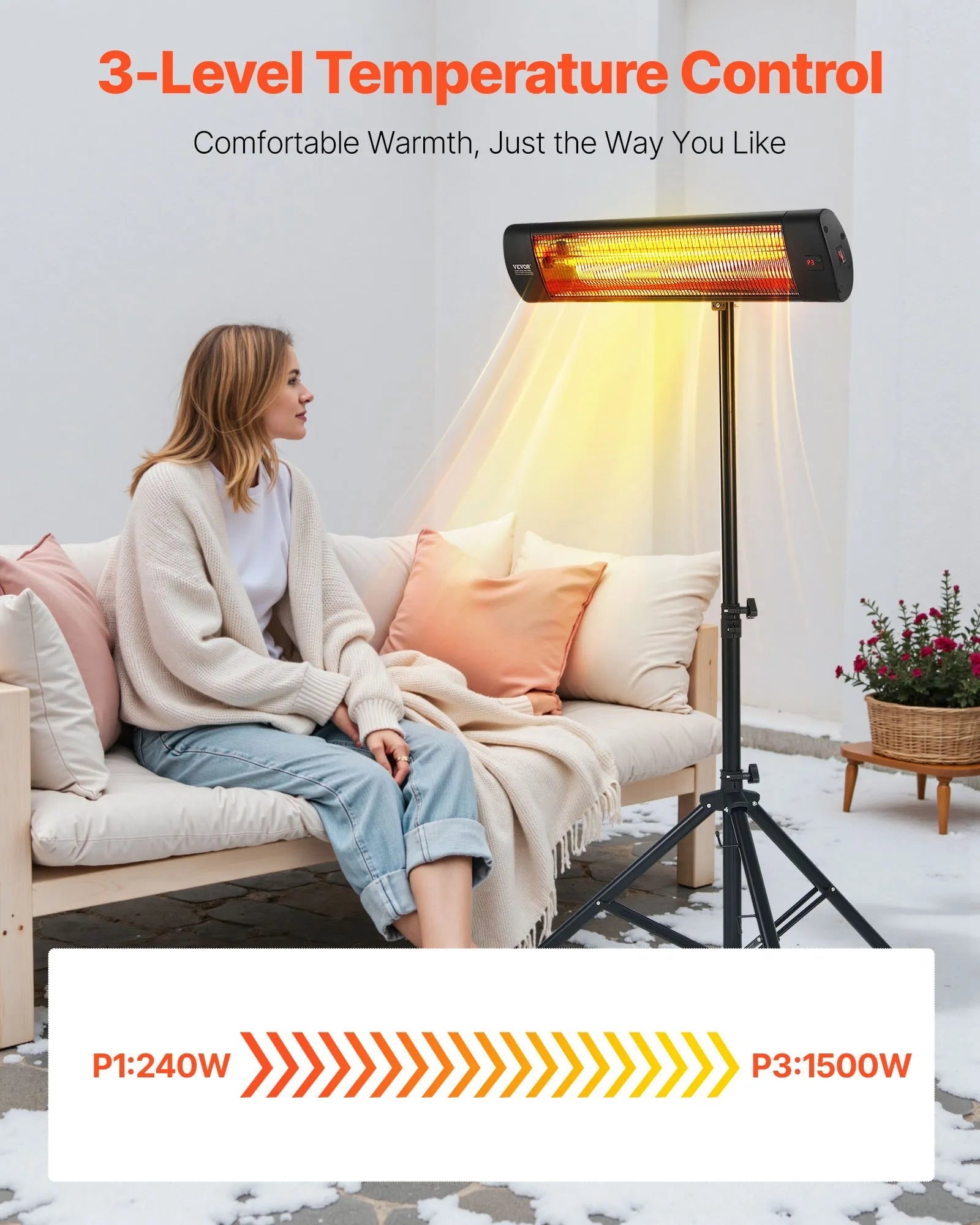 VEVOR Infrared Heater, 1500W Electric Space Heater with Remote Control, LED Screen w/ 3 Speeds & Timer, Outdoor/Outdoor for Patio,Porch,Dining Room,Studio 