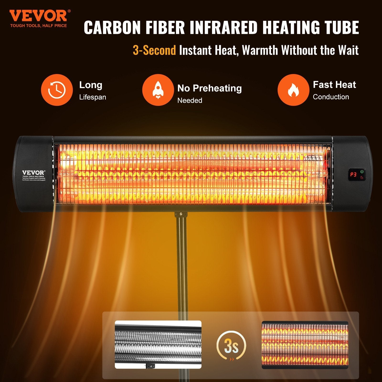 VEVOR Infrared Heater 1500W Electric Space Heater Remote Control 3 Speeds 34in 