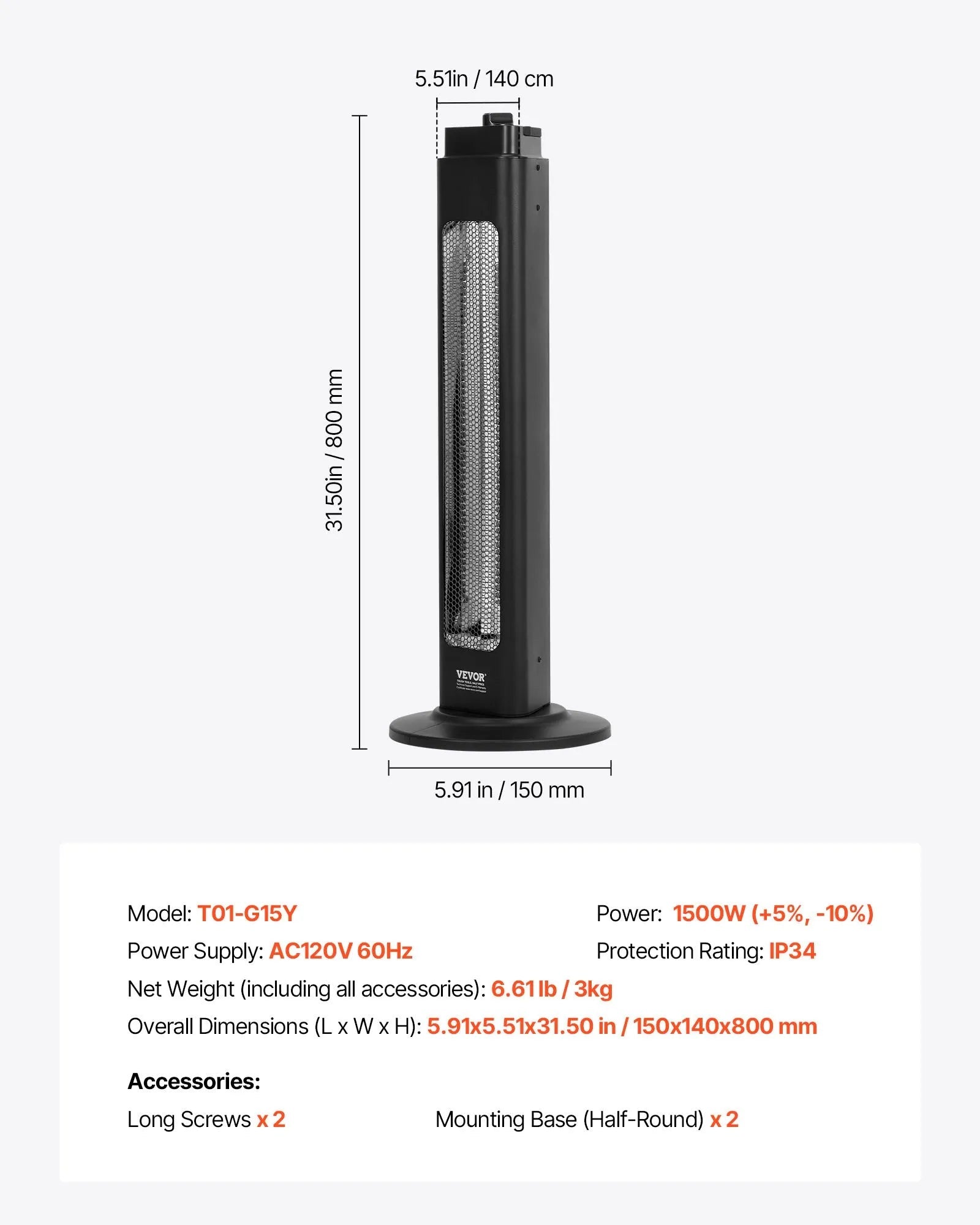 VEVOR Infrared Heater, 1500W Electric Space Heater with Remote Control & 3 Speeds & 24H Timer & Multiple Security Protections, Indoor/Outdoor for Bedroom,Studio,Porch,Dining Room,Studio 