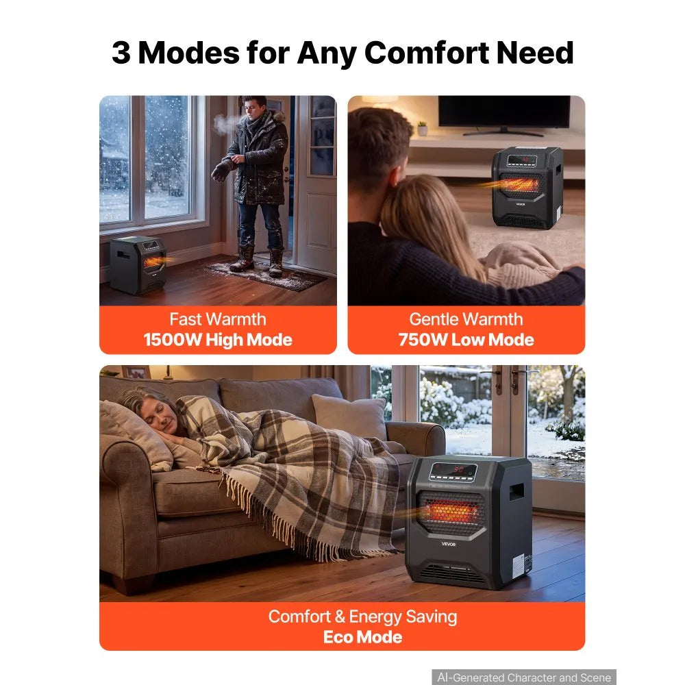 1500W Infrared Electric Space Heater with Remote Control, 3 Heat Settings & 12-Hour Timer – Black