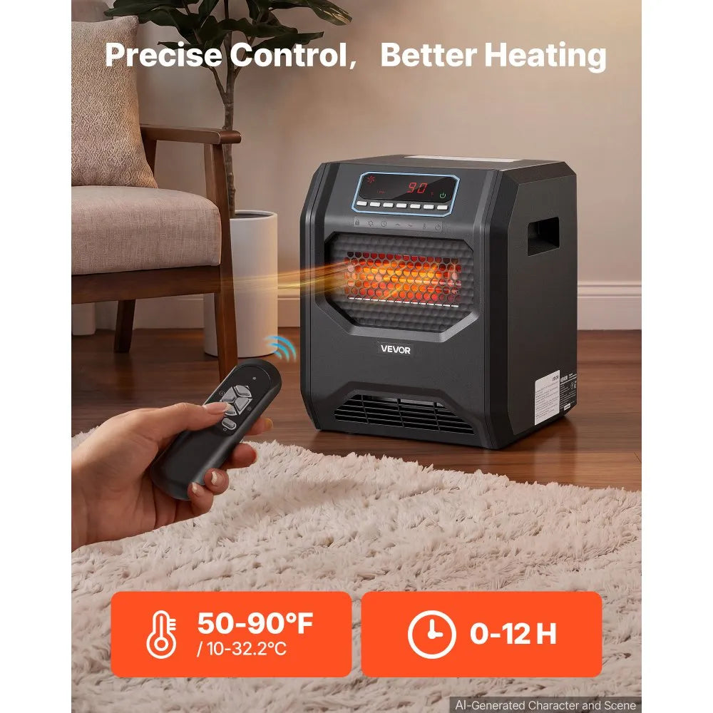 1500W Infrared Electric Space Heater with Remote Control, 3 Heat Settings & 12-Hour Timer – Black