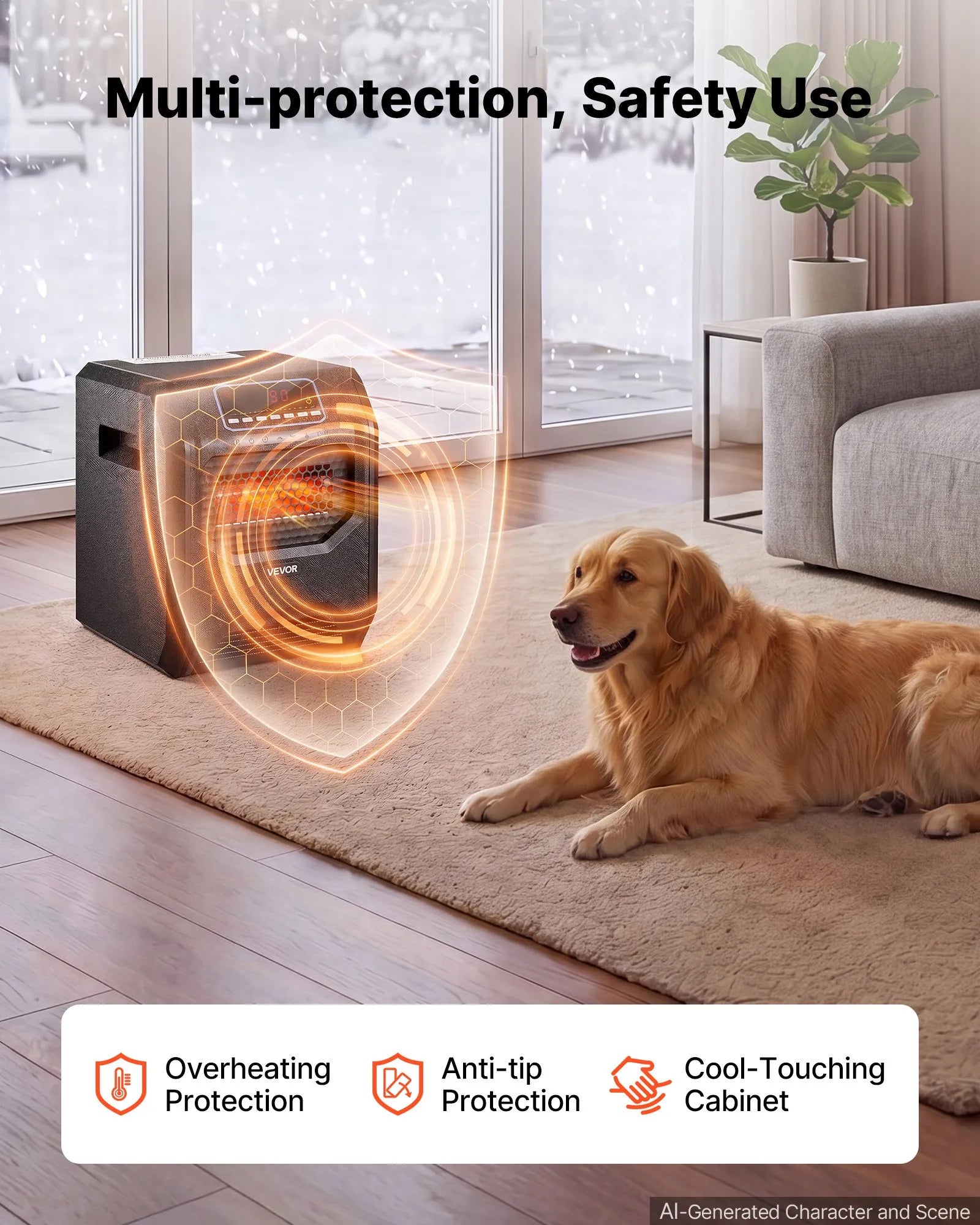 1500W Infrared Electric Space Heater with Remote Control, 3 Heat Settings & 12-Hour Timer – Black