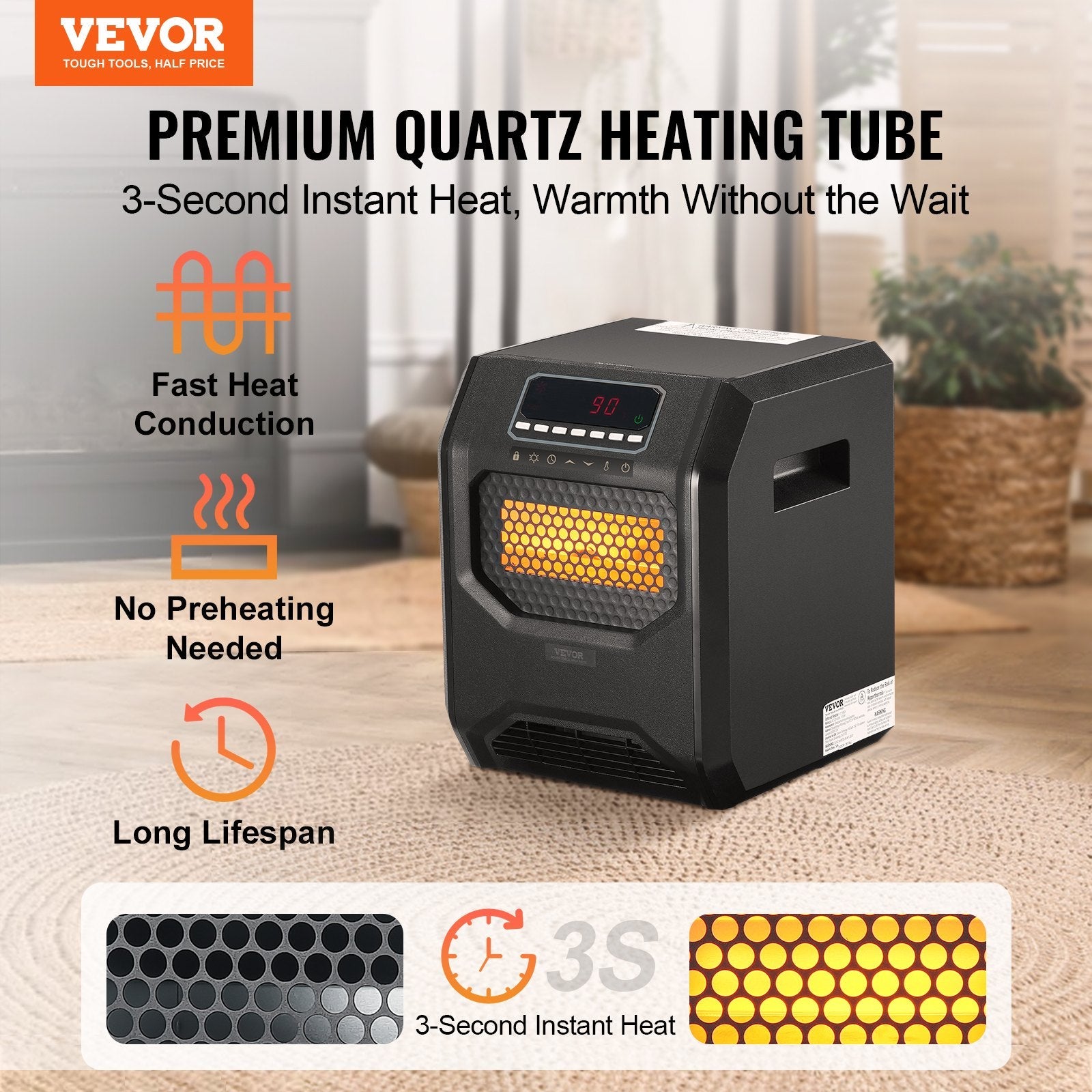 VEVOR Infrared Heater 1500W Electric Space Heater Remote Control 3 Speeds ABS 