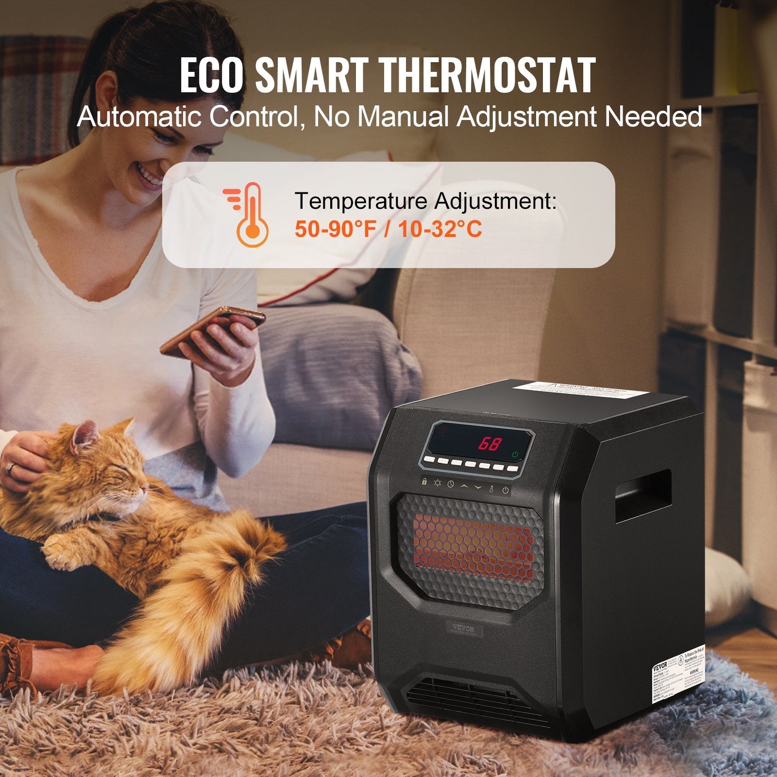 VEVOR Infrared Heater 1500W Electric Space Heater Remote Control 3 Speeds ABS 