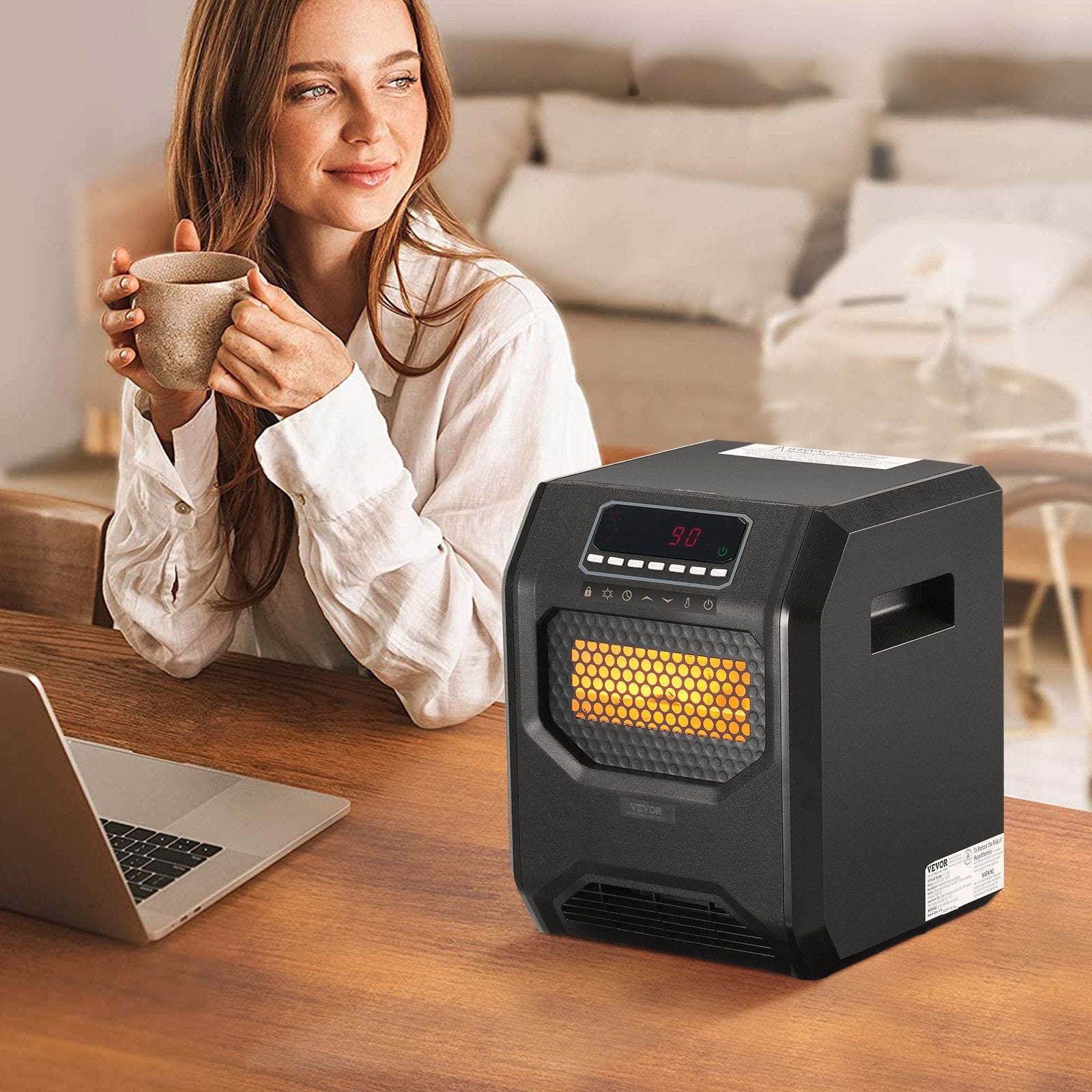 VEVOR Infrared Heater 1500W Electric Space Heater Remote Control 3 Speeds ABS 
