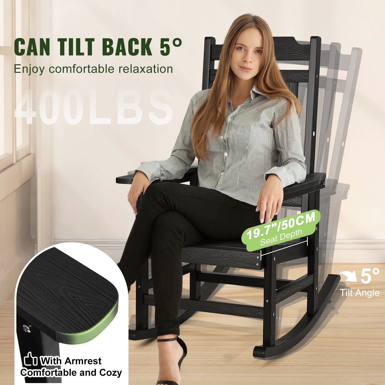 VEVOR Porch Rocker HIPS Outdoor Rocking Chair High Back 1 pcs 400 lbs Weight 