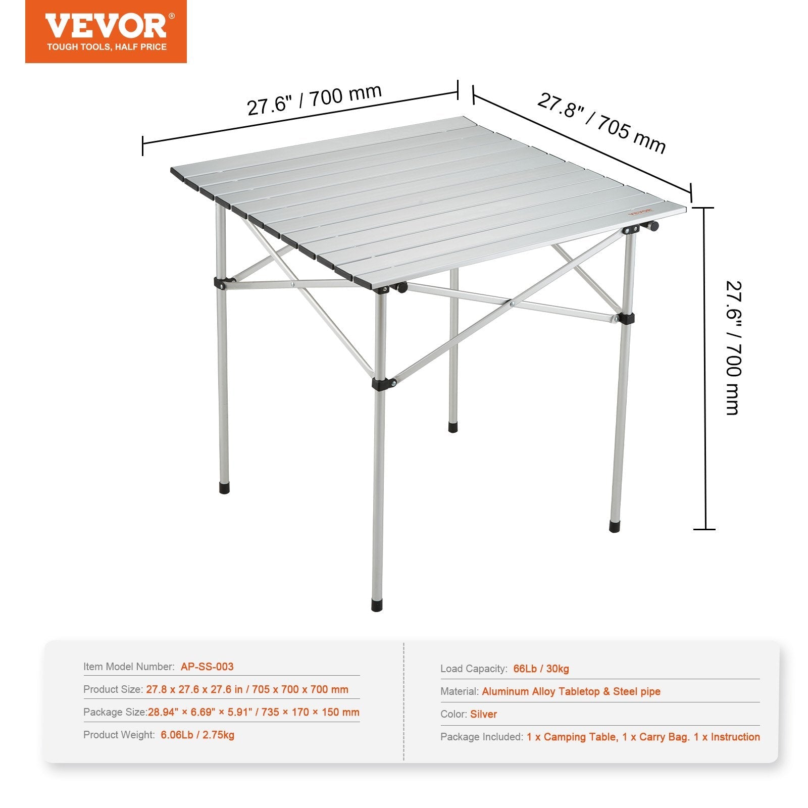 VEVOR Folding Camping Table, Outdoor Portable Side Tables, Lightweight Fold Up Table, Aluminum Ultra Compact Work Table with Carry Bag, For Cooking, Beach, Picnic, Travel, 24x16 inch, Silver 