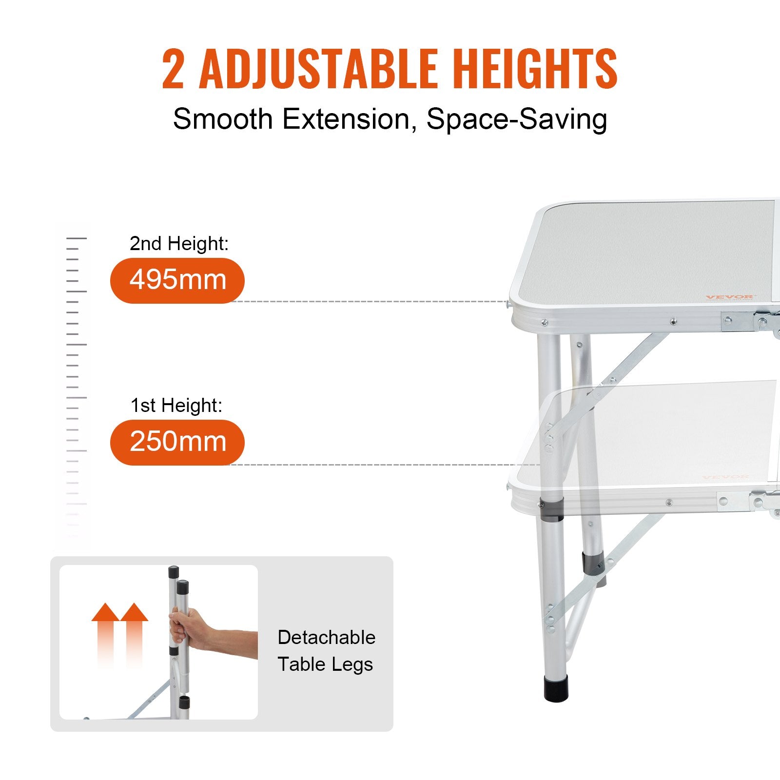VEVOR Folding Camping Table, Adjustable Height Outdoor Portable Side Tables, Lightweight Fold Up Table, Aluminum & MDF Ultra Compact Work Table, For Cooking, Beach, Picnic, Travel, 24x16 inch, Silver 