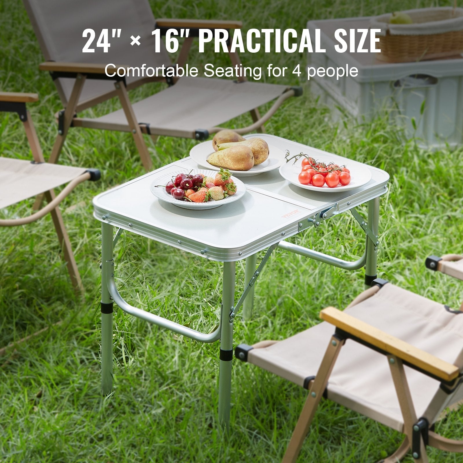 VEVOR Folding Camping Table, Adjustable Height Outdoor Portable Side Tables, Lightweight Fold Up Table, Aluminum & MDF Ultra Compact Work Table, For Cooking, Beach, Picnic, Travel, 24x16 inch, Silver 