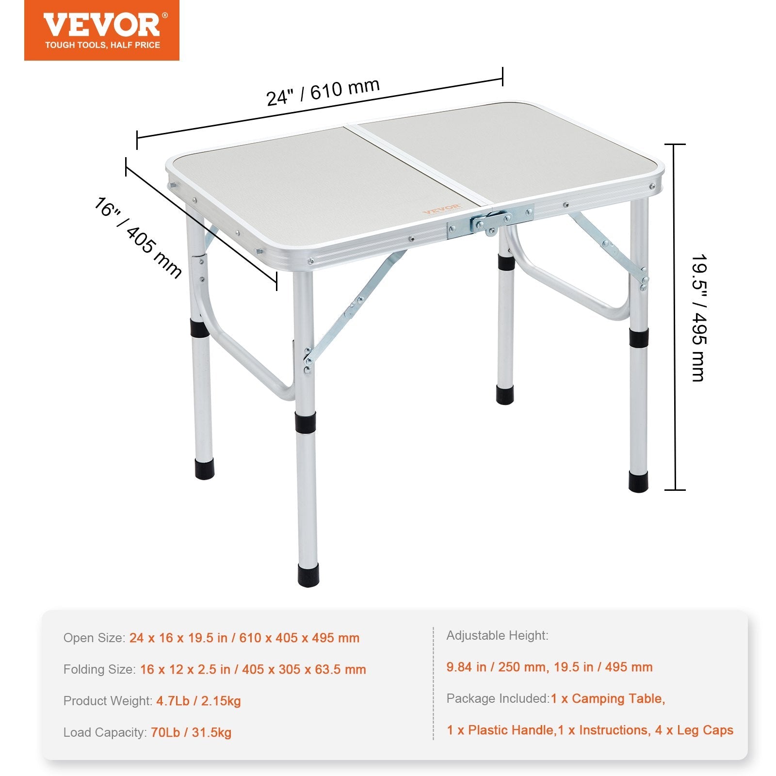 VEVOR Folding Camping Table, Adjustable Height Outdoor Portable Side Tables, Lightweight Fold Up Table, Aluminum & MDF Ultra Compact Work Table, For Cooking, Beach, Picnic, Travel, 24x16 inch, Silver 