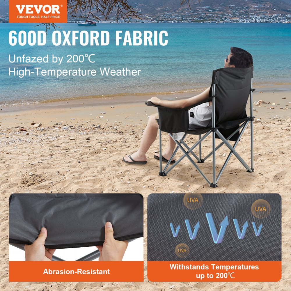 VEVOR Camping Folding Chair for Adults, Portable Heavy Duty Outdoor Quad Lumbar Back Padded Arm Chairs with Side Pockets, Cup Holder and Cooler Bag for Beach, Lawn, Picnic, Fishing, Backpacking, Black 