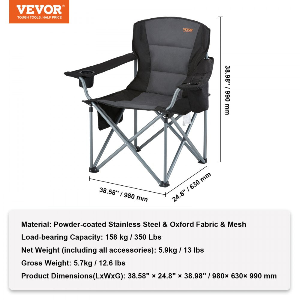 VEVOR Camping Folding Chair for Adults, Portable Heavy Duty Outdoor Quad Lumbar Back Padded Arm Chairs with Side Pockets, Cup Holder and Cooler Bag for Beach, Lawn, Picnic, Fishing, Backpacking, Black 