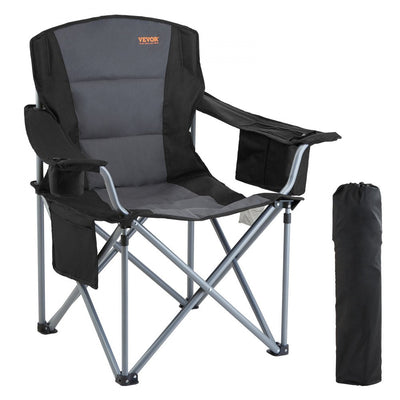 VEVOR Camping Folding Chair for Adults, Portable Heavy Duty Outdoor Quad Lumbar Back Padded Arm Chairs with Side Pockets, Cup Holder and Cooler Bag for Beach, Lawn, Picnic, Fishing, Backpacking, Black 