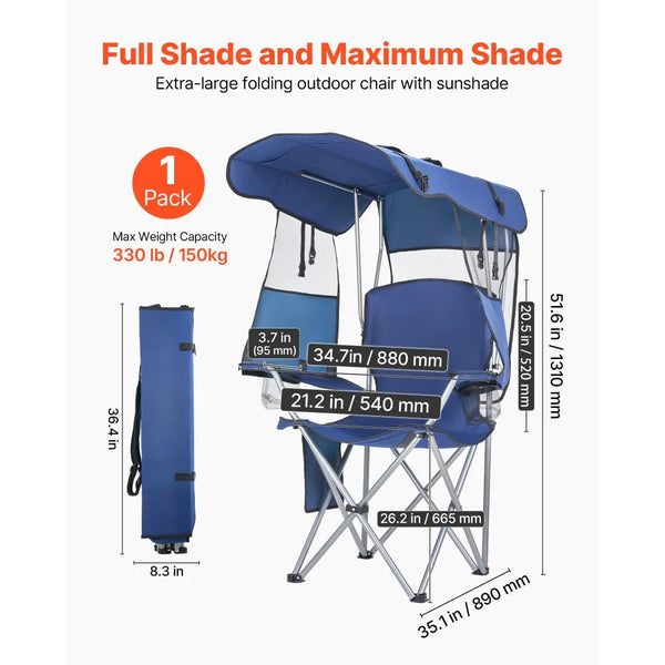 Folding Camping Chair with Canopy Shade, 330 lb Heavy-Duty
