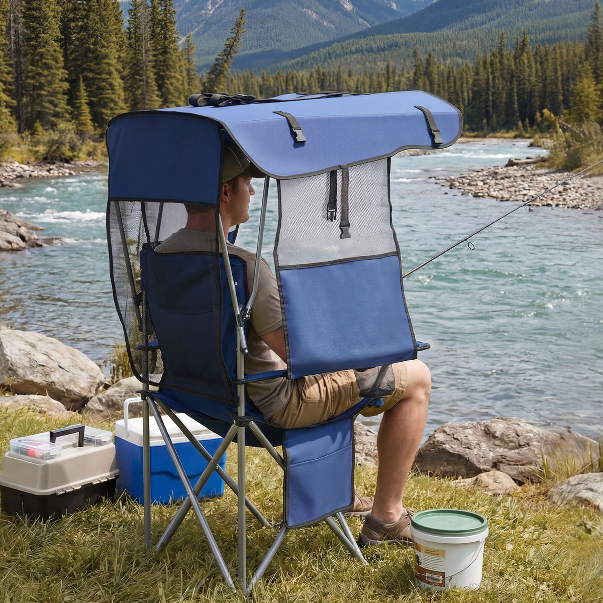 Folding Camping Chair with Canopy Shade, 330 lb Heavy-Duty