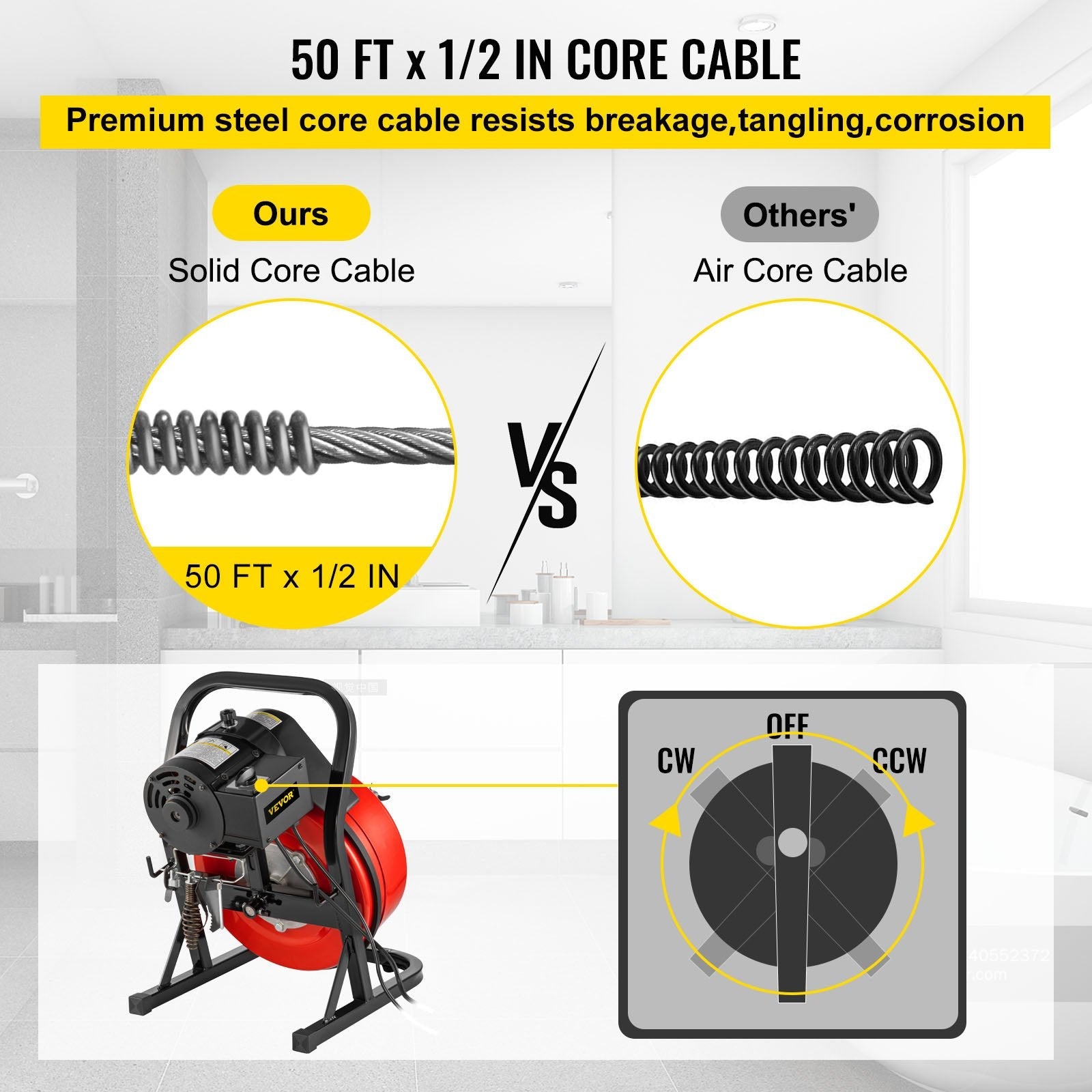 VEVOR 50FTx1/2Inch Drain Cleaner Machine Electric Drain Auger with 4 Cutter & Foot Switch Drain Cleaner Machine Sewer Snake Drill Drain Auger Cleaner for 2" to 4" Pipes 
