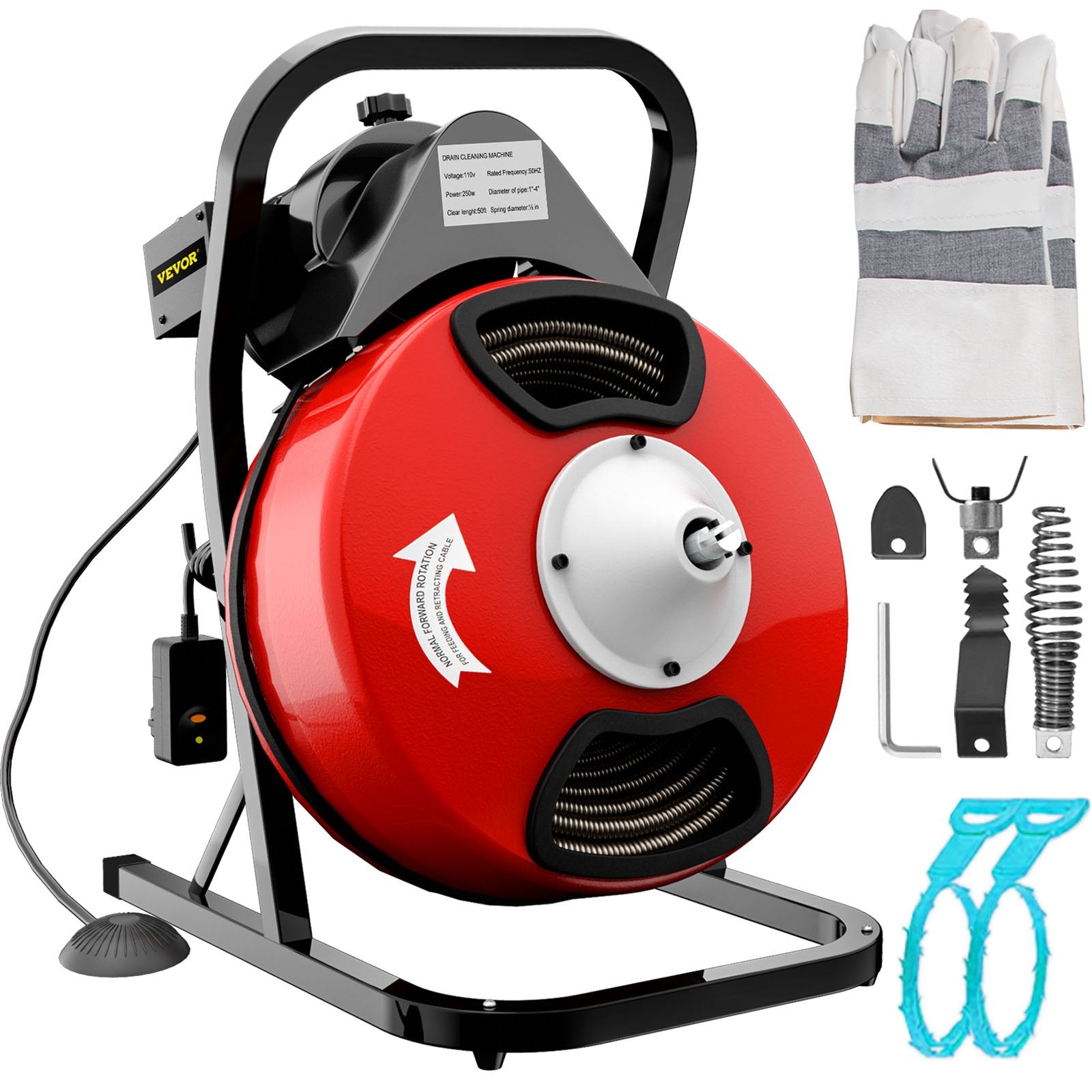 VEVOR 50FTx1/2Inch Drain Cleaner Machine Electric Drain Auger with 4 Cutter & Foot Switch Drain Cleaner Machine Sewer Snake Drill Drain Auger Cleaner for 2" to 4" Pipes 
