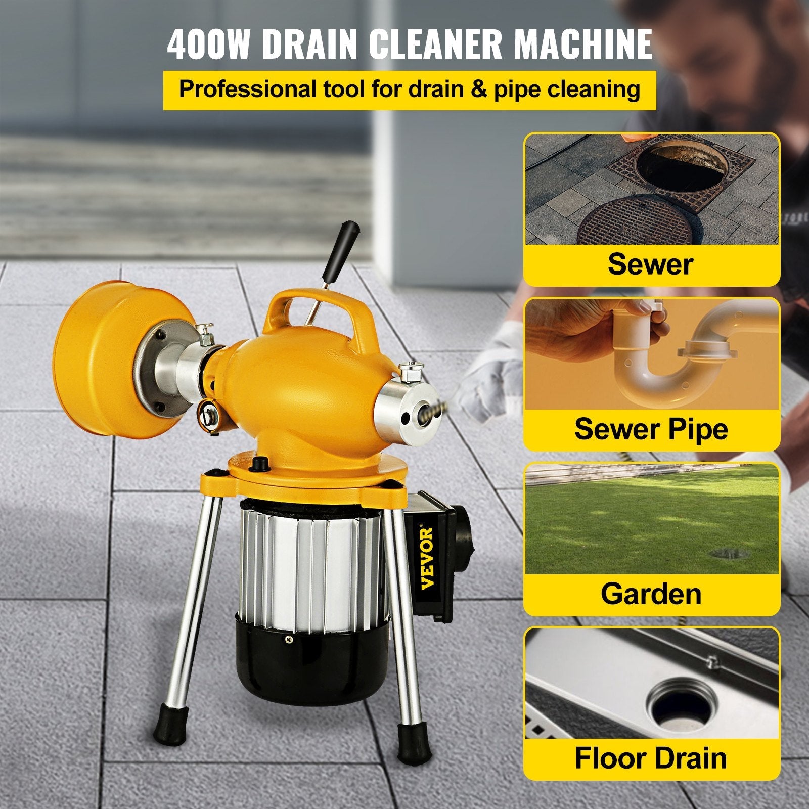 VEVOR Drain Cleaner Machine, 66Ft x2/3Inch Electric Drain Auger with 2 Cables for 3/4\" to 4\" Pipes, Power Spin with Autofeed Function & 6 Cutters, Sewer Snake for Toilet Sewer Bathroom Sink Shower 