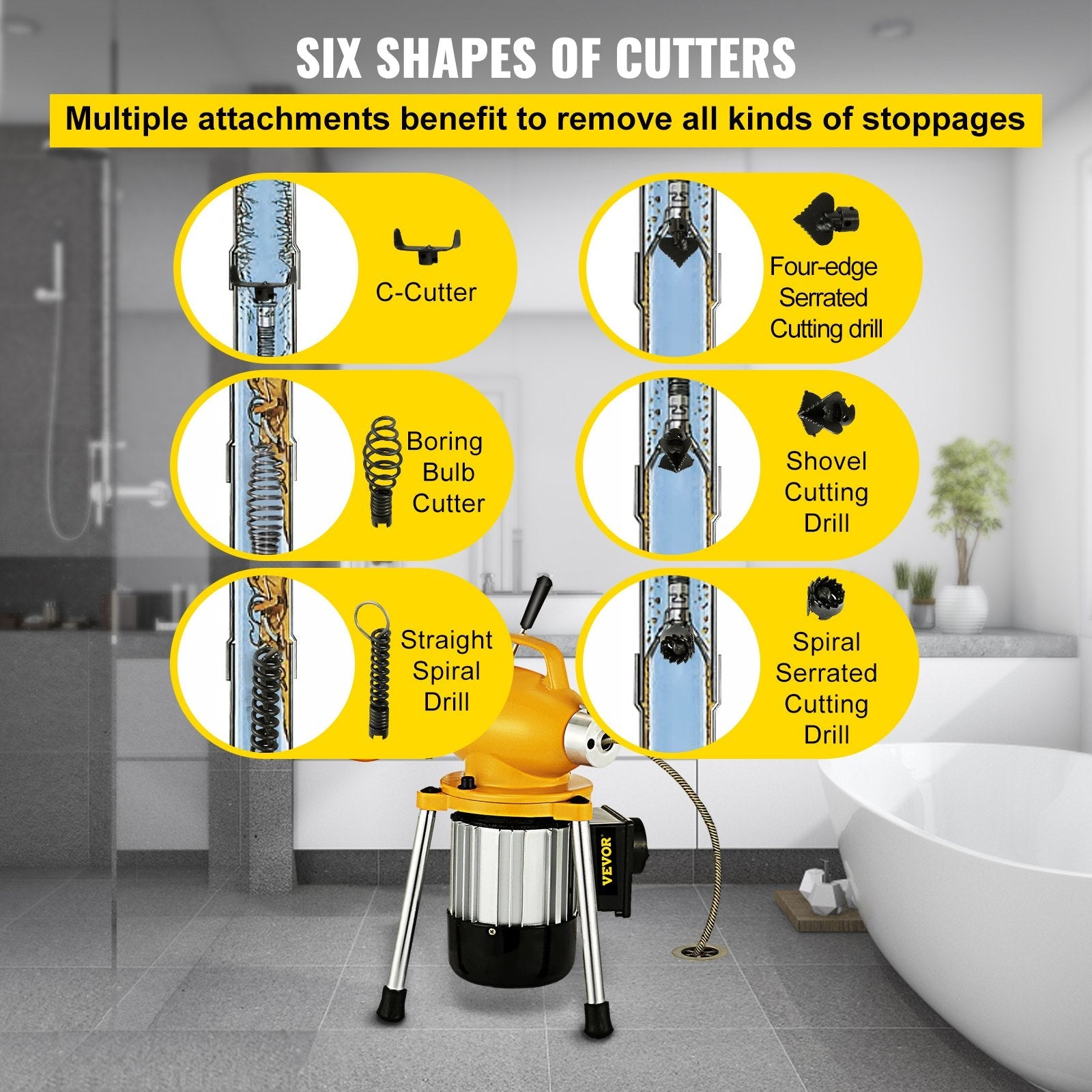 VEVOR Drain Cleaner Machine, 66Ft x2/3Inch Electric Drain Auger with 2 Cables for 3/4\" to 4\" Pipes, Power Spin with Autofeed Function & 6 Cutters, Sewer Snake for Toilet Sewer Bathroom Sink Shower 