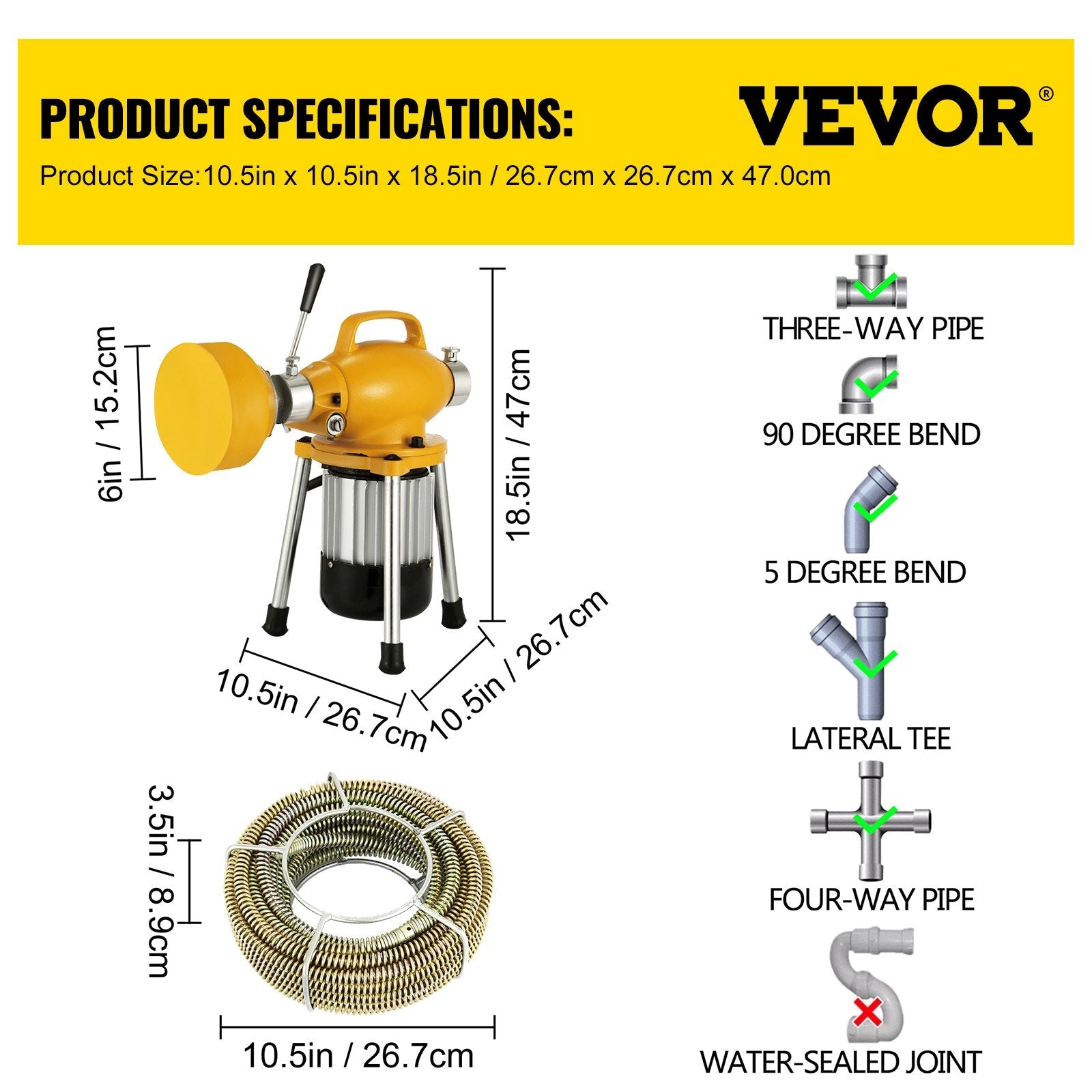 VEVOR Drain Cleaner Machine, 66Ft x2/3Inch Electric Drain Auger with 2 Cables for 3/4\" to 4\" Pipes, Power Spin with Autofeed Function & 6 Cutters, Sewer Snake for Toilet Sewer Bathroom Sink Shower 