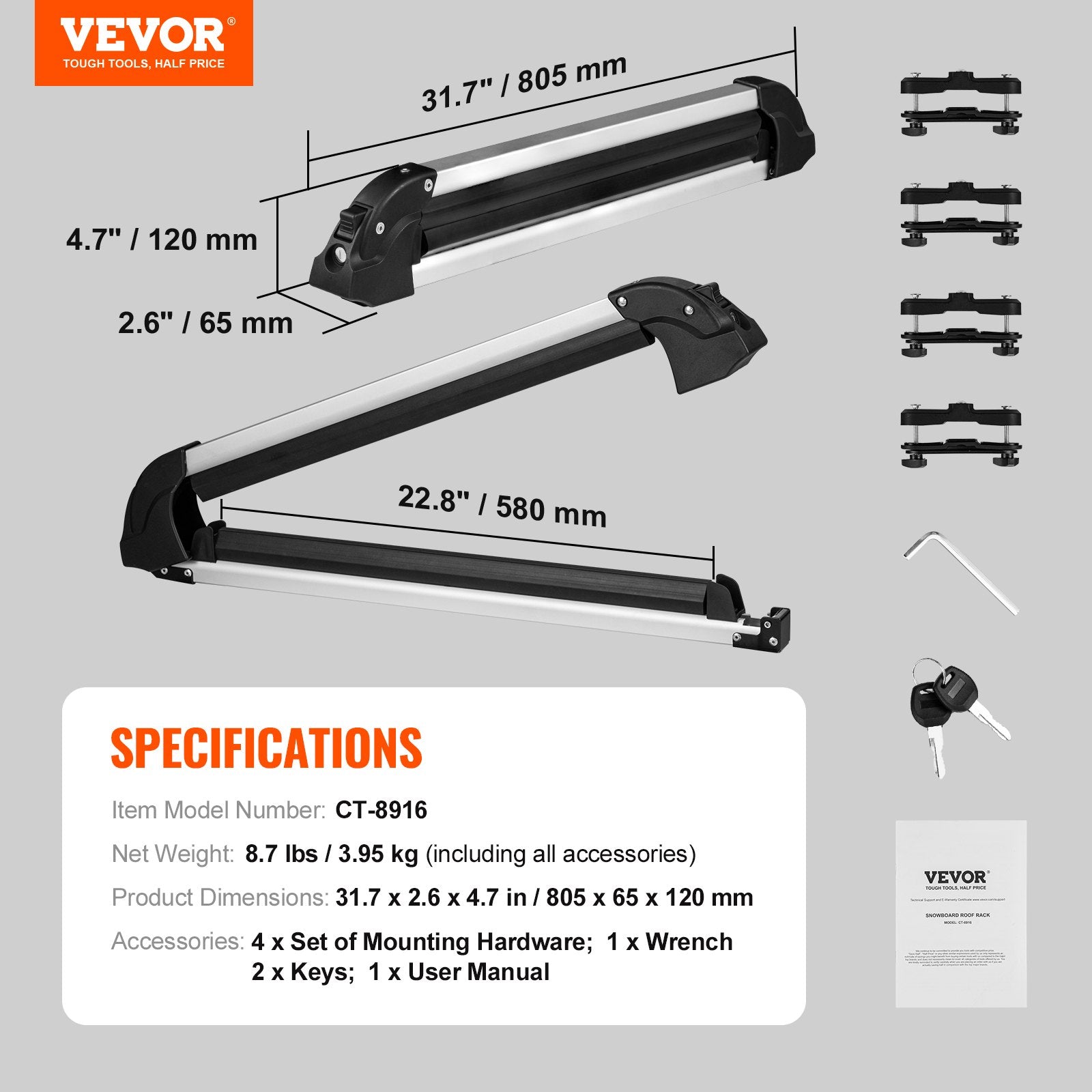 VEVOR Ski Snowboard Roof Rack 31.7" Universal Ski Rack for Car Roof with Lock 