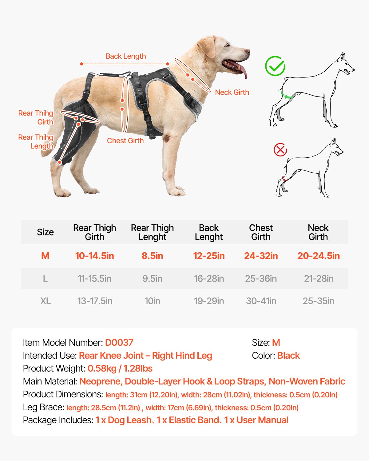VEVOR Dog Knee Brace for Right Hind Leg Adjustable ACL Dog Leg Brace Pain Relief 