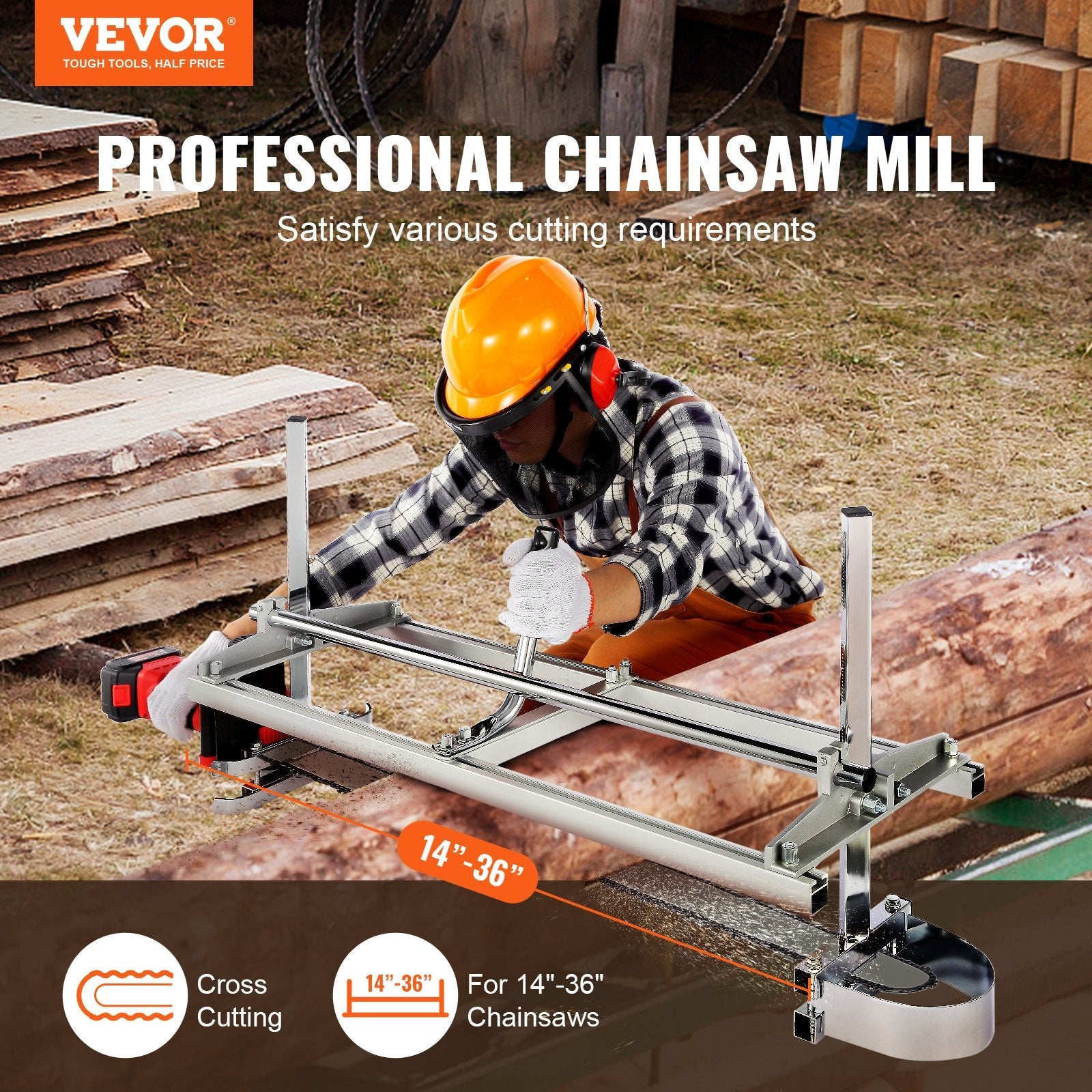 VEVOR Chainsaw Mill, Portable Sawmill 14"-36" Guide Bar, Galvanized Steel Chainsaw Planking Mill with 0.2"-11.81" Cutting Thickness, Wood Lumber Cross Cutting Saw Mill for Builders and Woodworkers 