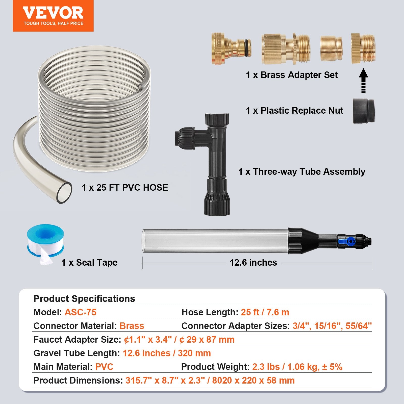 VEVOR Aquarium Vacuum Gravel Cleaner, 25 ft PVC Hose Fish Tank Vacuum Gravel Cleaner, Siphon Fish Tank Cleaner Vacuum, 3 Types of Brass Adapters, for Fish Tank Cleaning Gravel & Sand 