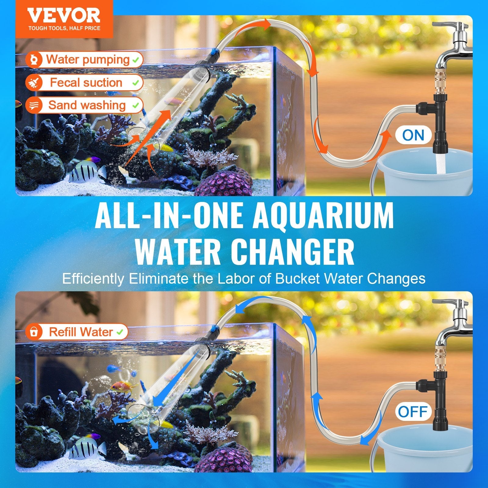 VEVOR Aquarium Vacuum Gravel Cleaner, 30ft PVC Hose Fish Tank Vacuum Gravel Cleaner, Siphon Fish Tank Cleaner Vacuum, 3 Types of Brass Adapters, for Fish Tank Cleaning Gravel & Sand 