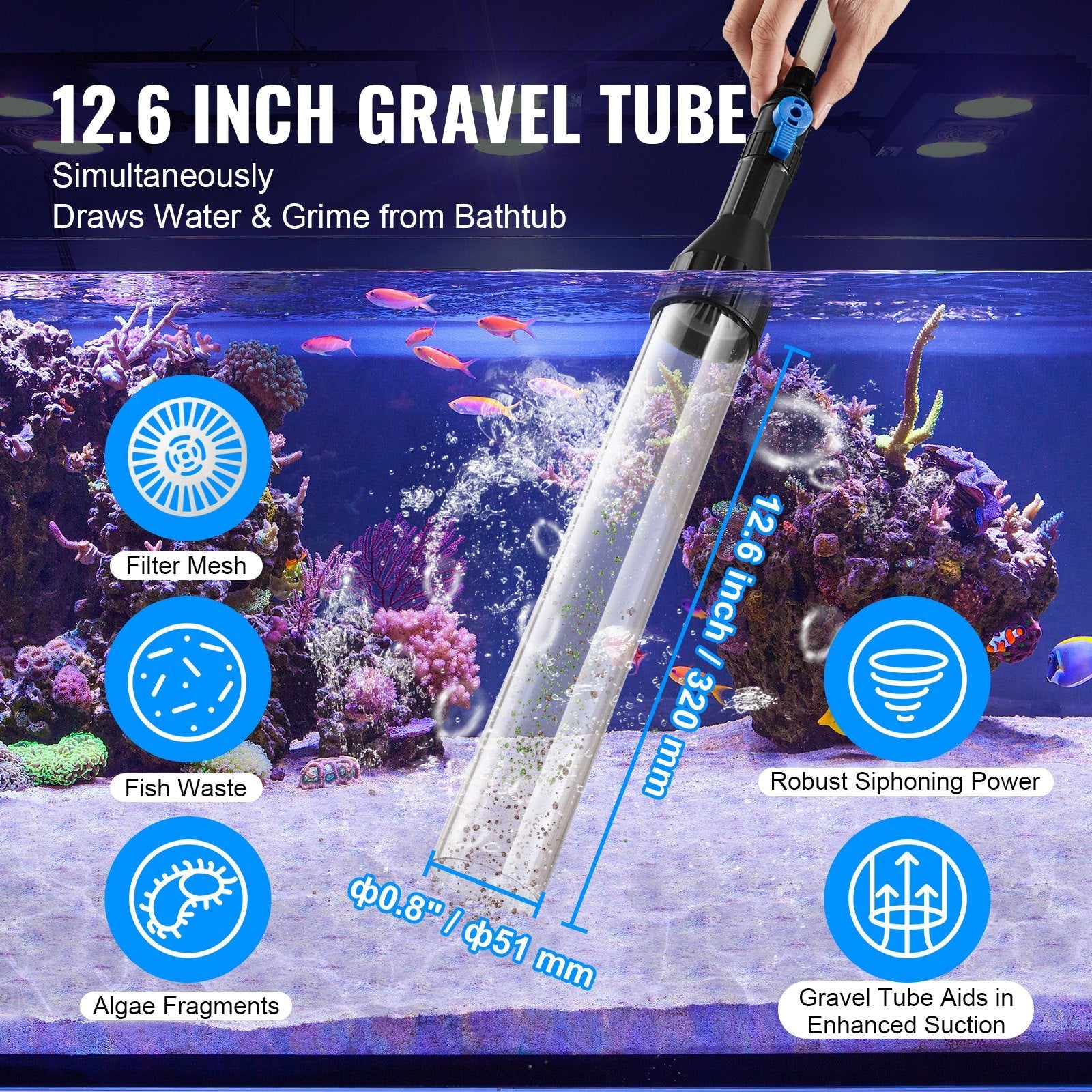 VEVOR Aquarium Vacuum Gravel Cleaner, 33 ft PVC Hose Fish Tank Vacuum Gravel Cleaner, Siphon Fish Tank Cleaner Vacuum, 3 Types of Brass Adapters, for Fish Tank Cleaning Gravel & Sand 