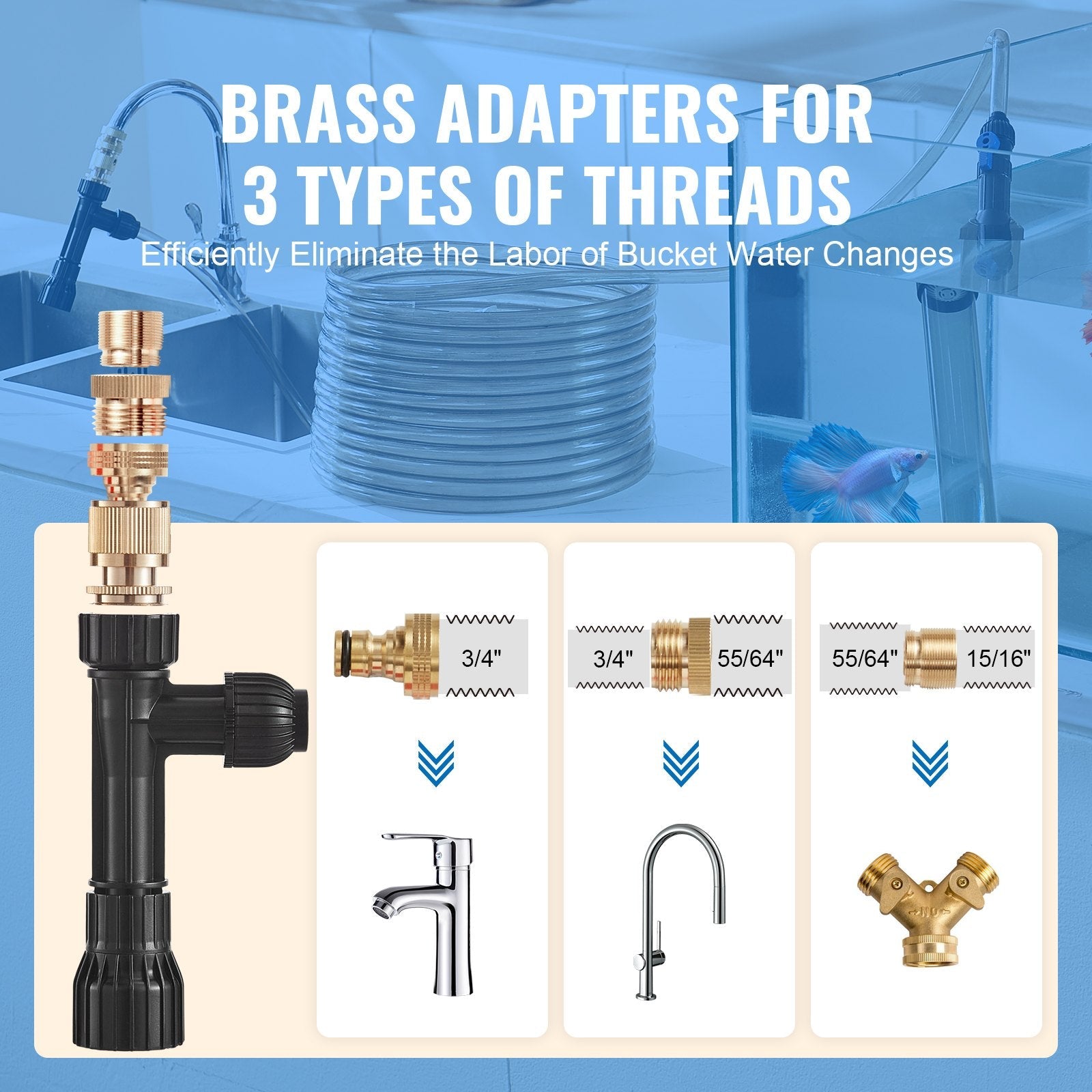 VEVOR Aquarium Vacuum Gravel Cleaner, 33 ft PVC Hose Fish Tank Vacuum Gravel Cleaner, Siphon Fish Tank Cleaner Vacuum, 3 Types of Brass Adapters, for Fish Tank Cleaning Gravel & Sand 