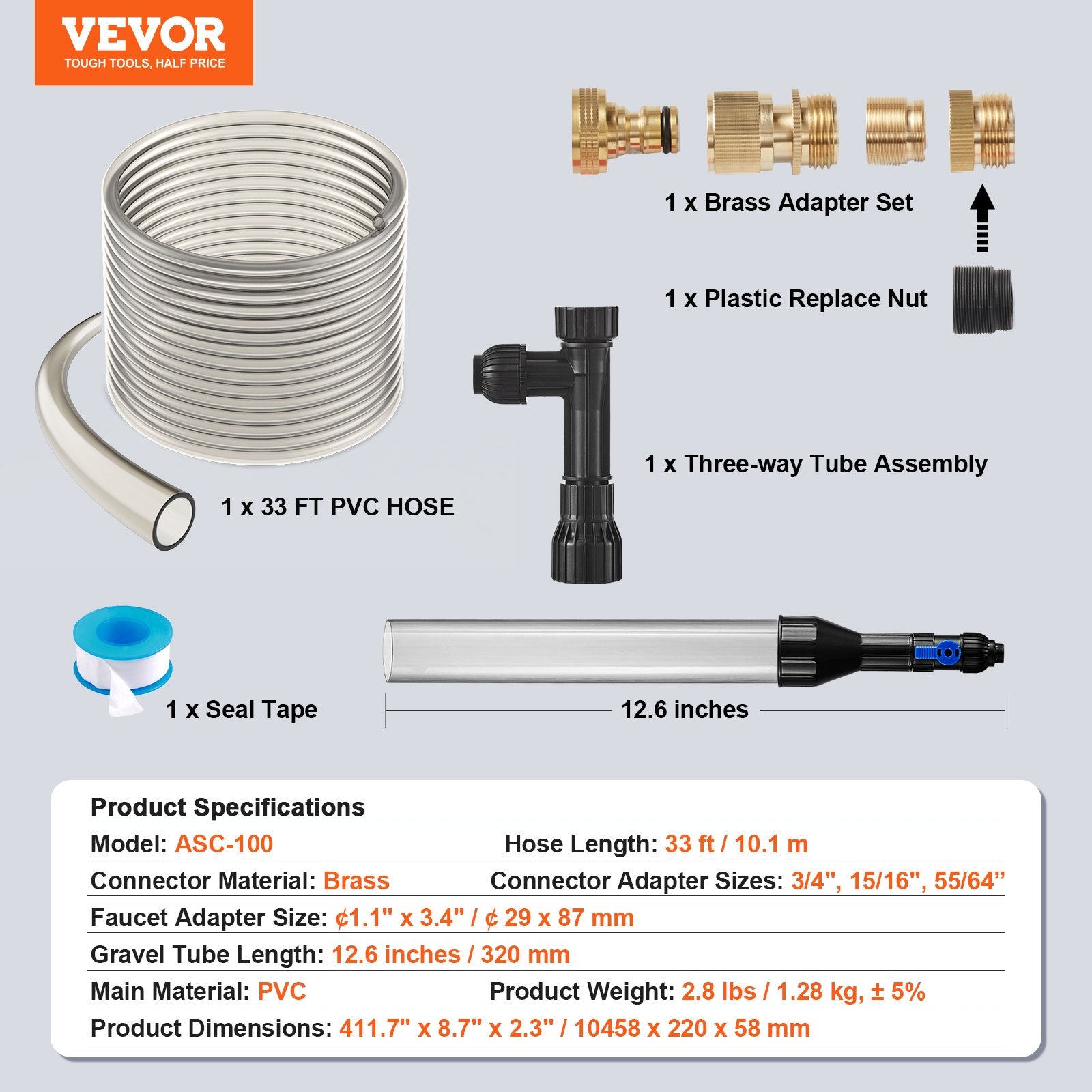 VEVOR Aquarium Vacuum Gravel Cleaner, 33 ft PVC Hose Fish Tank Vacuum Gravel Cleaner, Siphon Fish Tank Cleaner Vacuum, 3 Types of Brass Adapters, for Fish Tank Cleaning Gravel & Sand 