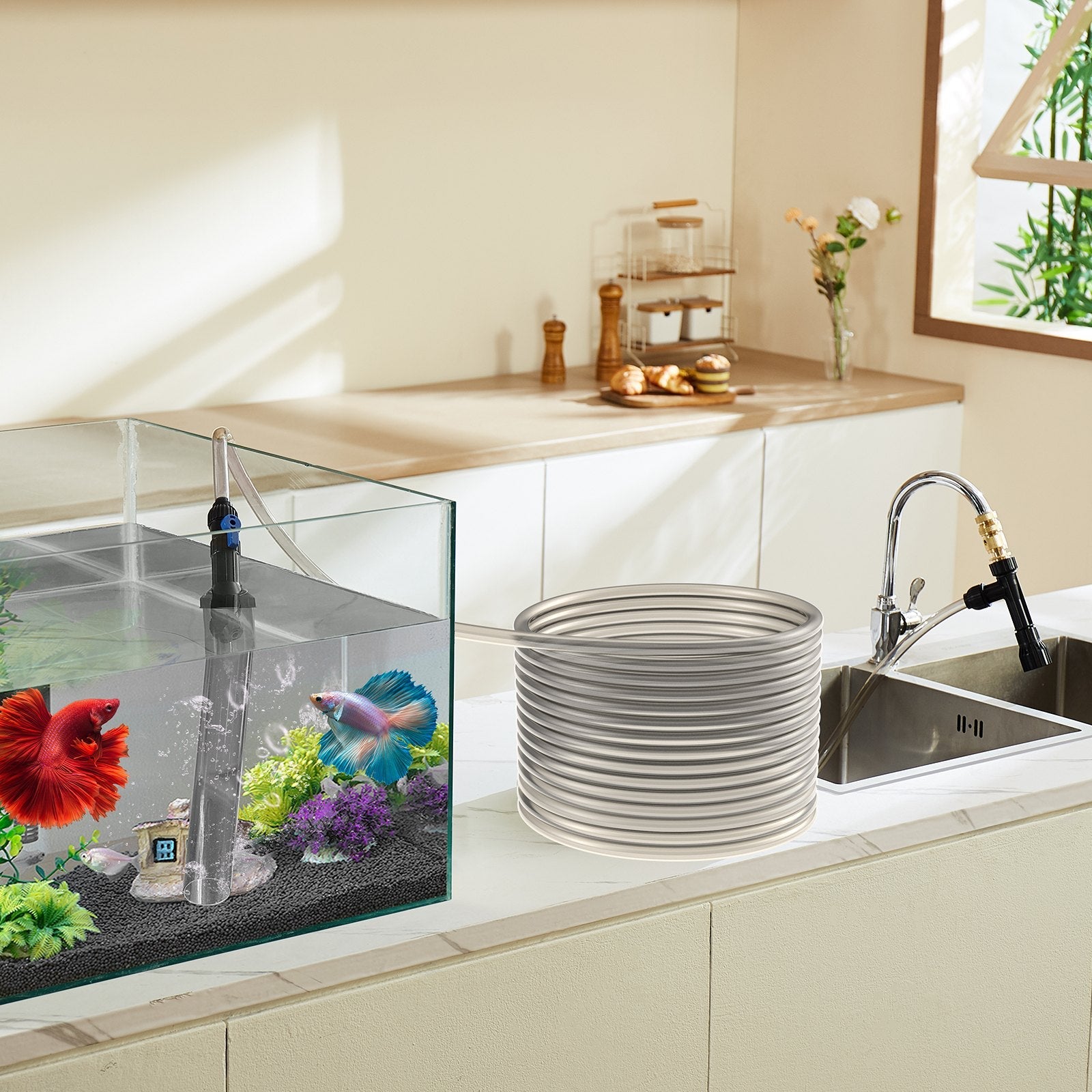 VEVOR Aquarium Vacuum Gravel Cleaner, 33 ft PVC Hose Fish Tank Vacuum Gravel Cleaner, Siphon Fish Tank Cleaner Vacuum, 3 Types of Brass Adapters, for Fish Tank Cleaning Gravel & Sand 