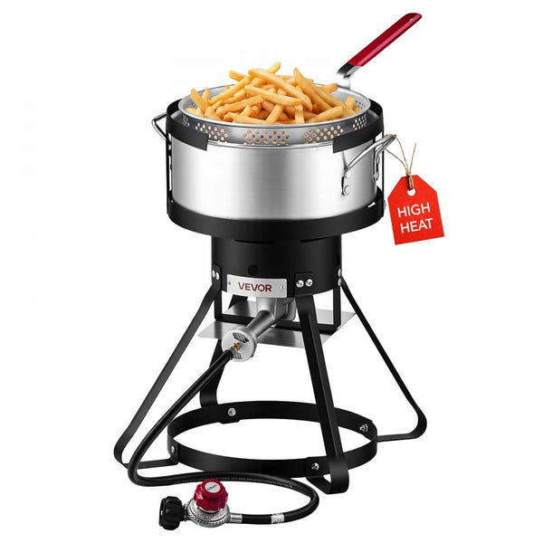 10 Qt Aluminum Fish & Wing Fryer with 54,000 BTU Propane Burner, Cooking Basket & Stand