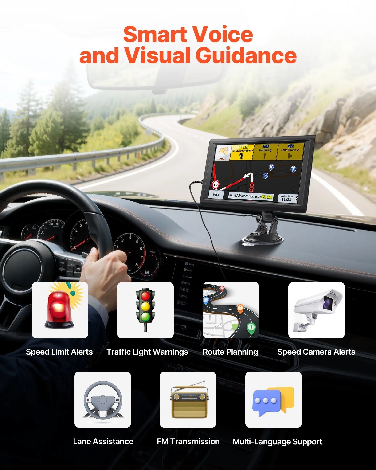VEVOR GPS Navigator for Car, 9 inch Touch Screen 16GB GPS Navigation System with Built-in Dash Cam, Voice Turn-by-Turn Guidance, Speed and Red Light Warning, Custom Truck Routing, for Car Truck RV 