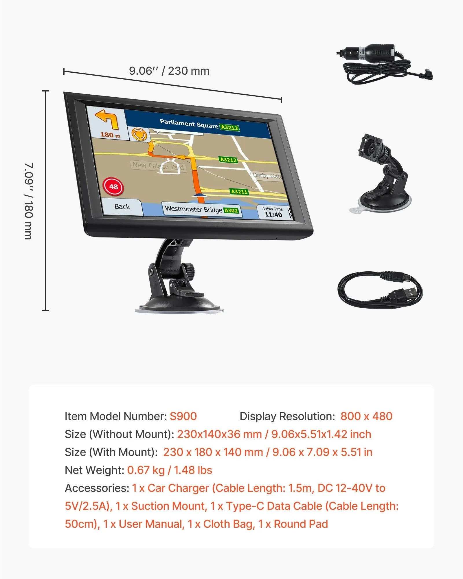 VEVOR GPS Navigator for Car, 9 inch Touch Screen 16GB GPS Navigation System with Built-in Dash Cam, Voice Turn-by-Turn Guidance, Speed and Red Light Warning, Custom Truck Routing, for Car Truck RV 