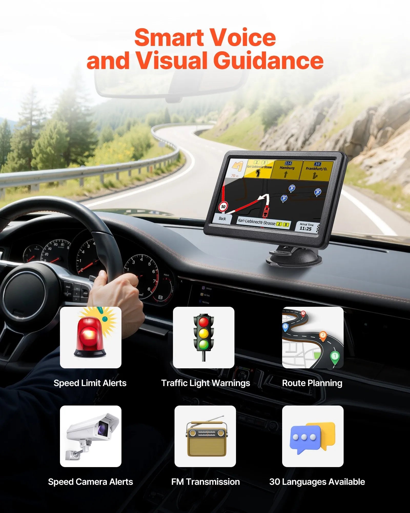 VEVOR GPS Navigator for Car, 7 inch Touch Screen 16GB GPS Navigation System with Lifetime Map Updates, Voice Turn-by-Turn Guidance, Speed and Red Light Warning, Custom Truck Routing, for Car Truck RV 