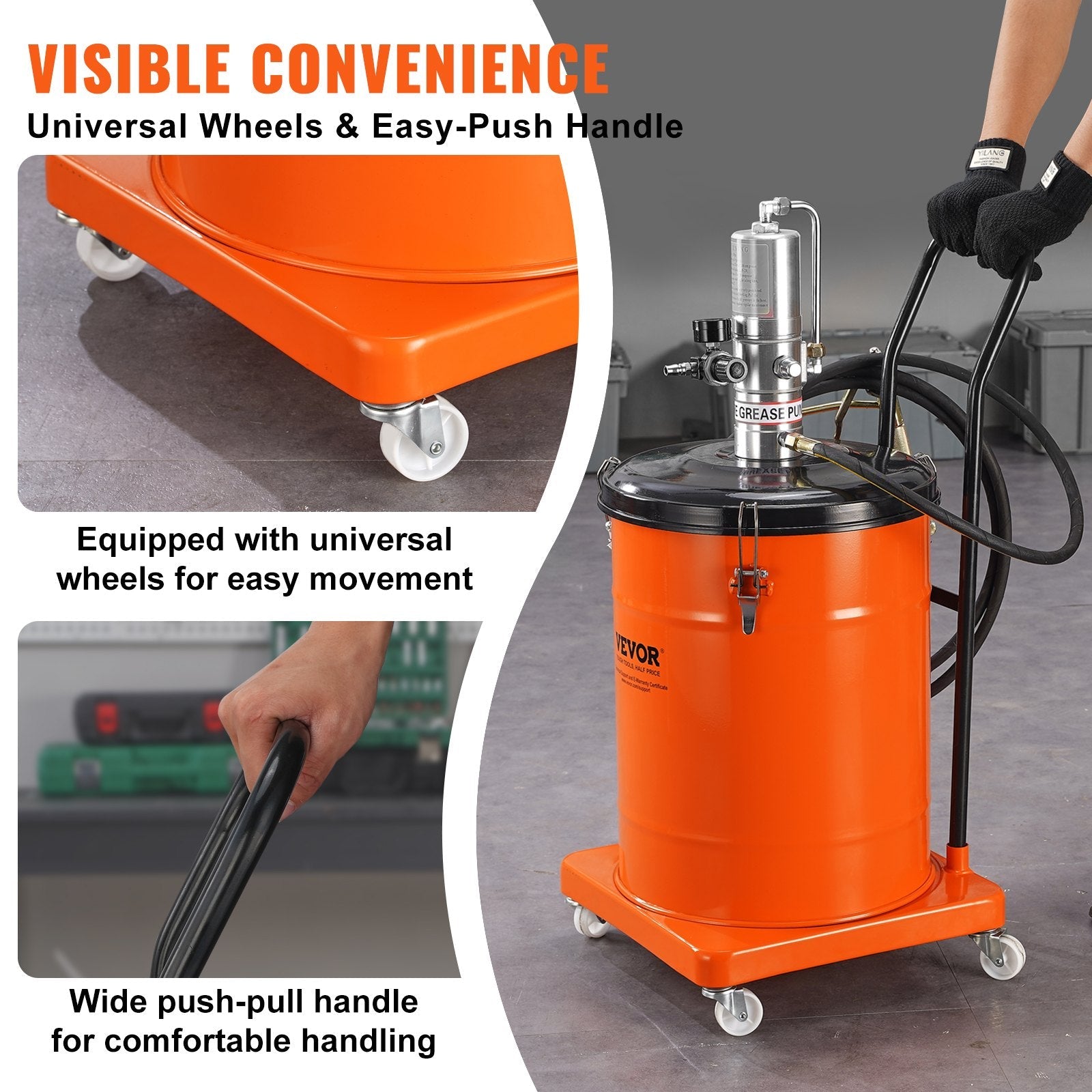 VEVOR Grease Pump, 10.5 Gallon 40L Air Operated Grease Pump with 13 ft High Pressure Hose and Grease Gun, Pneumatic Grease Bucket Pump with Wheels, Portable Lubrication Grease Pump 50:1 Pressure Ratio 