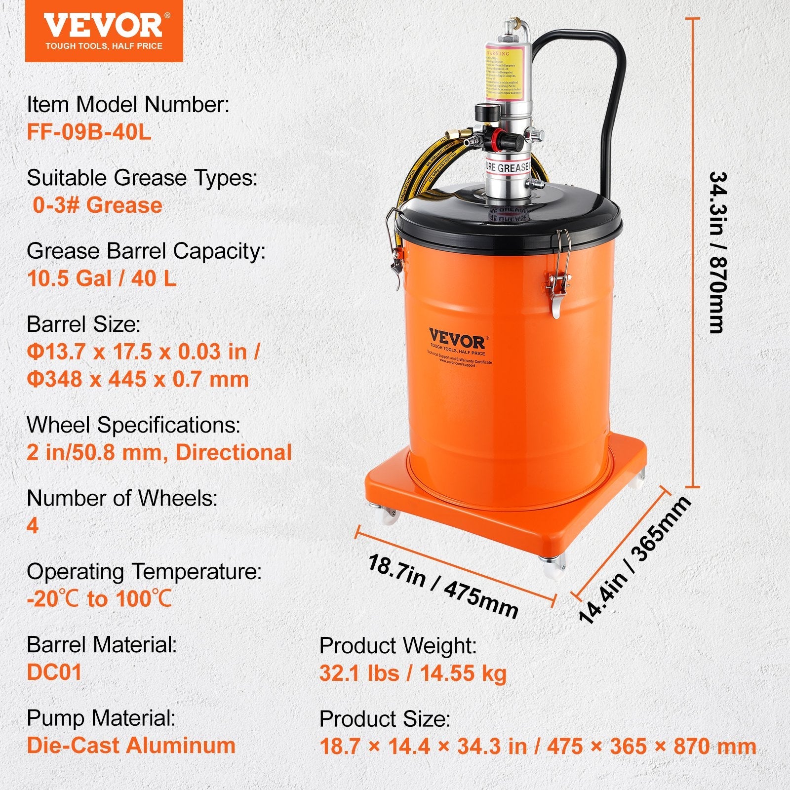 VEVOR Grease Pump, 10.5 Gallon 40L Air Operated Grease Pump with 13 ft High Pressure Hose and Grease Gun, Pneumatic Grease Bucket Pump with Wheels, Portable Lubrication Grease Pump 50:1 Pressure Ratio 